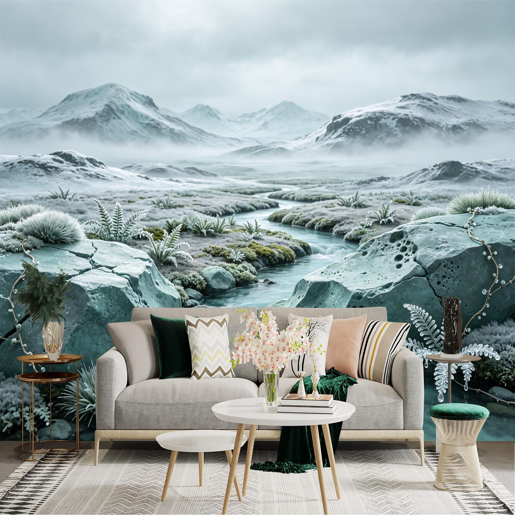 Custom Size Wall Sticker Mural， Frosty Mountain River with Ice Rocks and Misty Landscape， for wall Decoration， peelandstick wall Decals.