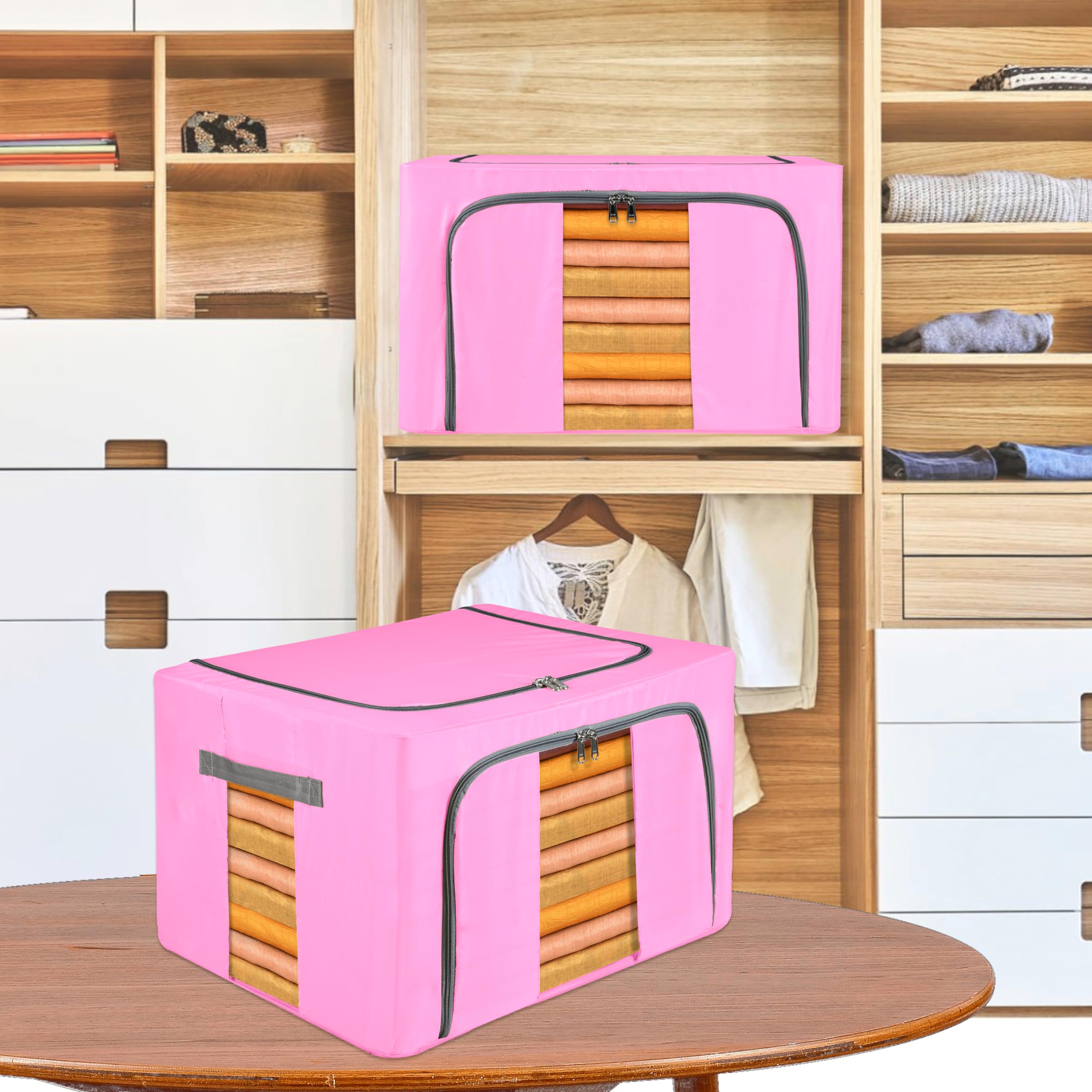 Kuber Industries 2 Stück Aufbewahrungsbox aus Stoff | Faltbarer Kleiderschrank Organizer für Kleidung | Stahlrahmen Kleidung Organizer | Deckenbox | 66 Liter | Rosa