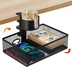 Augot 360 ° Rotary Under Desk Drawer with Cup Holder, 2 in 1 Desk Drawer Organizer Tray Anti-Spill Desk Cup Holder & Storage Rack, Punch Free Metal Storage Box for Home Office Desk with 2 Wire Holes