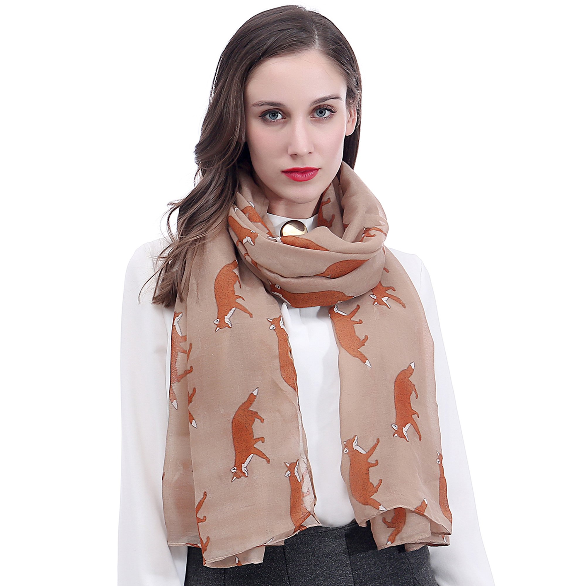 Lina & Lily Women's Camel Fox Animal Print Scarf Shawl Wrap Lightweight (Camel)