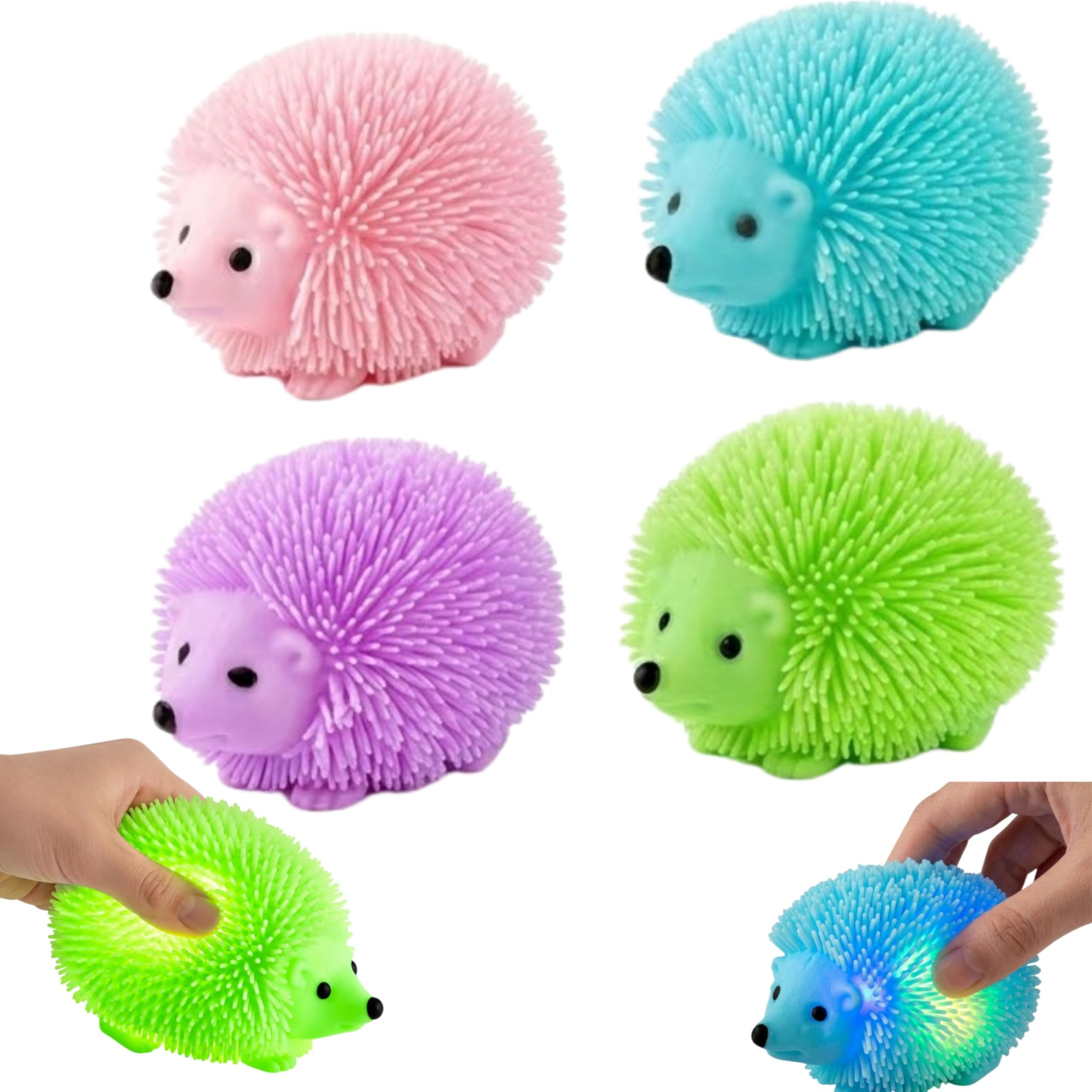 Light Up Hedgehog Fidget Balls 4 Pack, 8cm Soft Spikey Stress Balls for Kids, Stretchy Sensory Puffer Toys, Party Bag Fillers & Birthday Favours