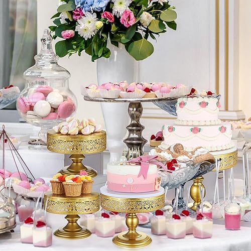 Miniatura 5 de Tioncy 3 soportes dorados redondos y modernos para tartas de 8 pulgadas, 10 pulgadas, 12 pulgadas, soporte de pedestal dorado para cupcakes de