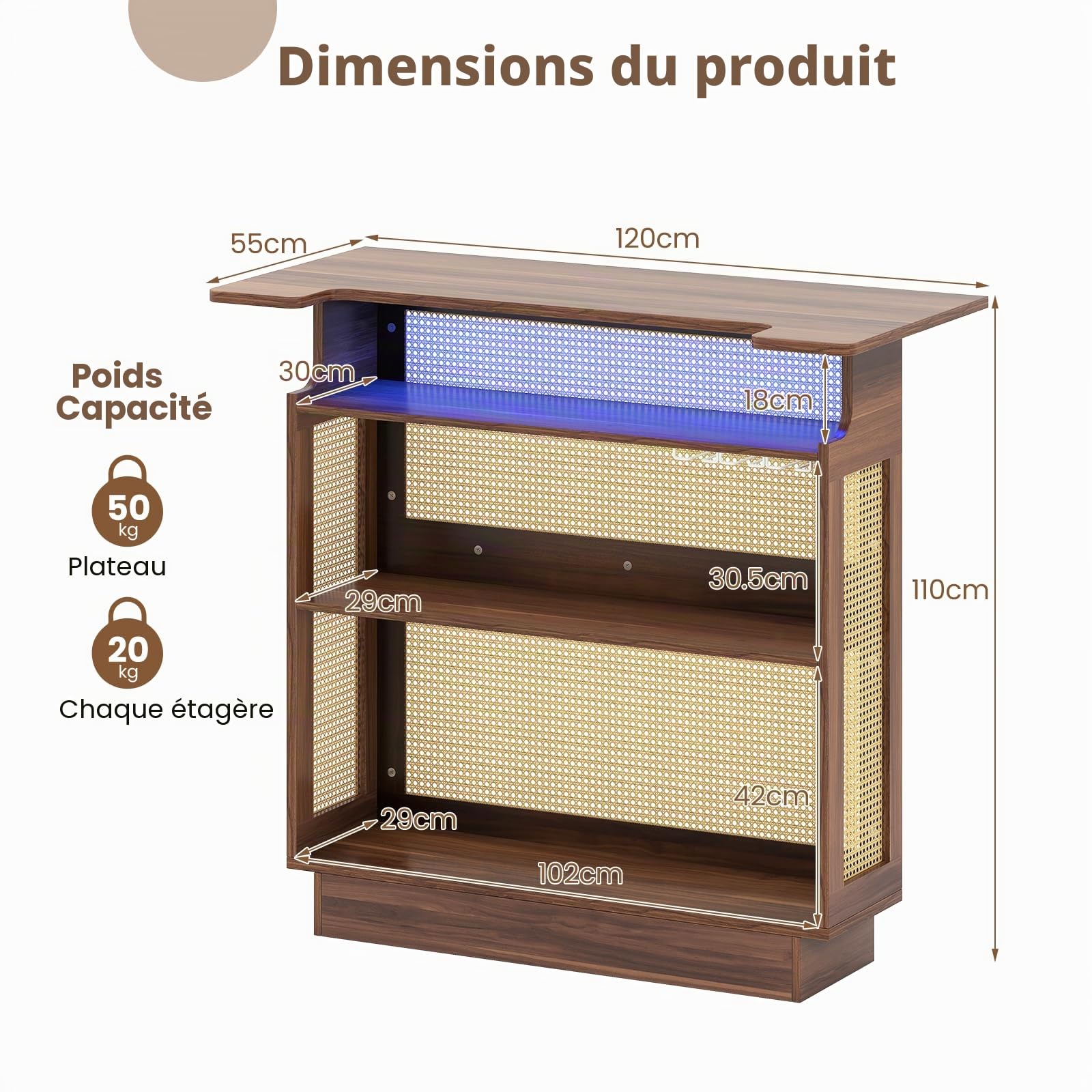 LIFEZEAL Table de bar en bois, comptoir de maison, bar avec éclairage LED, étagère de cuisine en rotin avec porte-verres et étagère, table de bistrot, table haute, comptoir de bar, design industriel