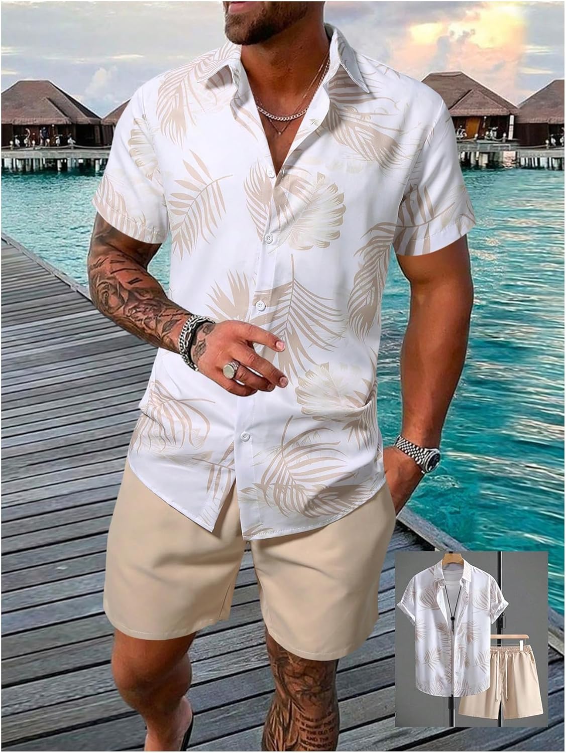 Men's 2 Piece Short Set Button Down Tropical Shirts and Drawstring Waist Beach Shorts Vacation Outfits - Image 6