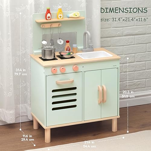 Miniatura 5 de Juego de cocina de madera, estufa y fregadero verde menta con 5 herramientas de acero inoxidable, perillas de clic, gabinetes de almacenamiento,