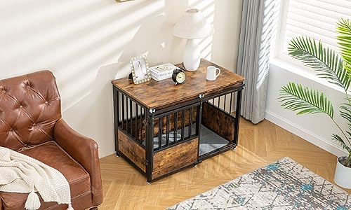 Miniatura 4 de KOOPRO Mueble de jaula para perros de 40 pulgadas con cojín para perros grandes y medianos, perrera de madera resistente con puertas dobles, mesa