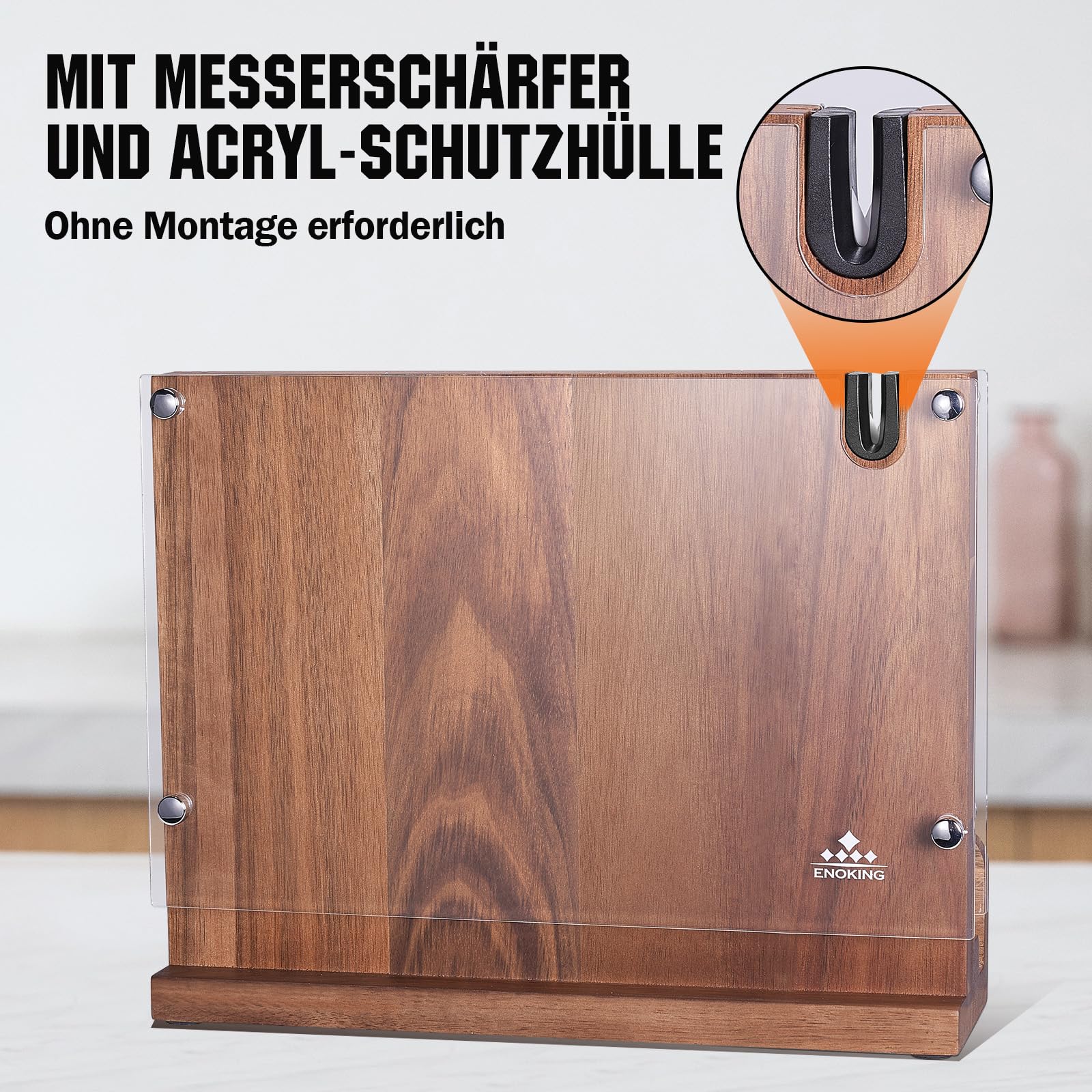 ENOKING Spitzenklasse Plus Messerblock Magnetisch Ohne Messer, Doppelseitiger Magnetischer Messerblock mit Acryl-Schutz, Hochwertiges Magnet Messerhalter, Akazienholz-Messerbrett mit Messerschärfer