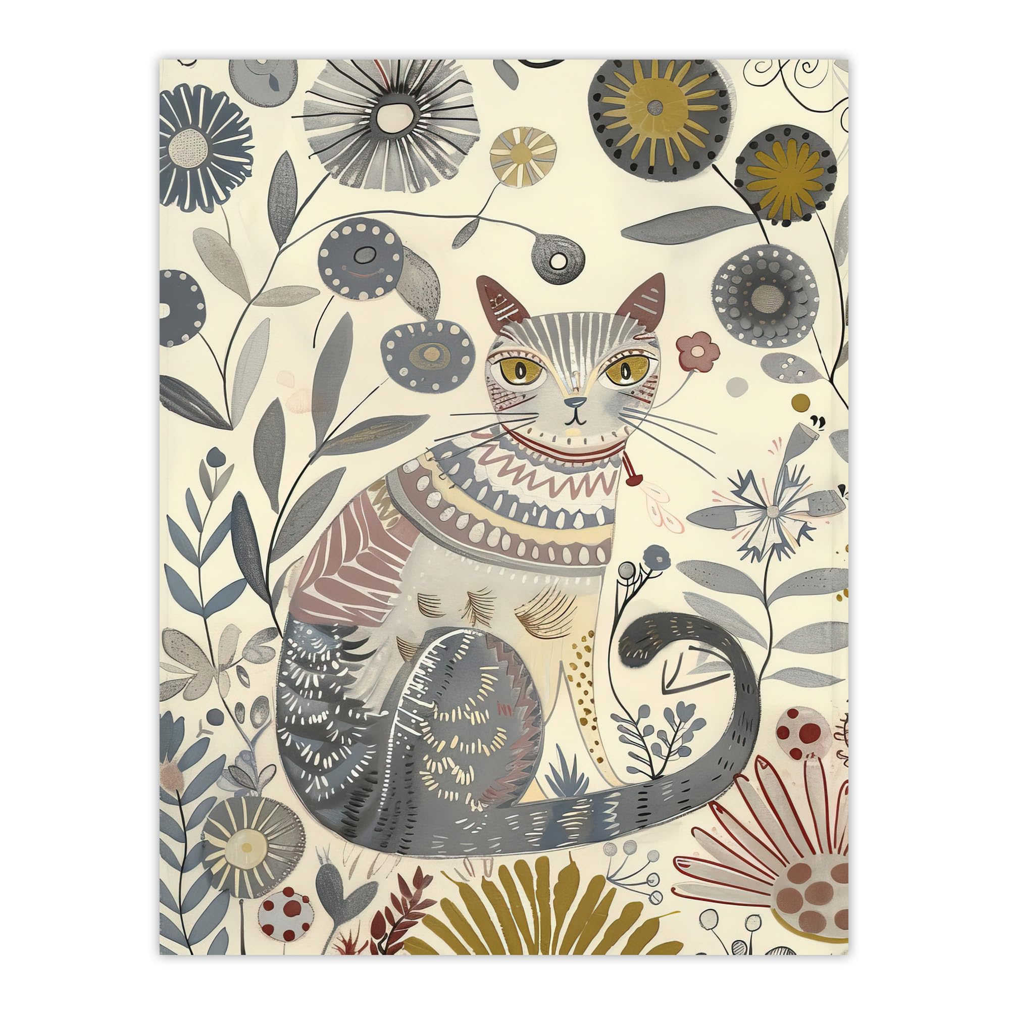 Rustic Cat Wildflower Field Bright Floral Pattern Wall Art Poster Print