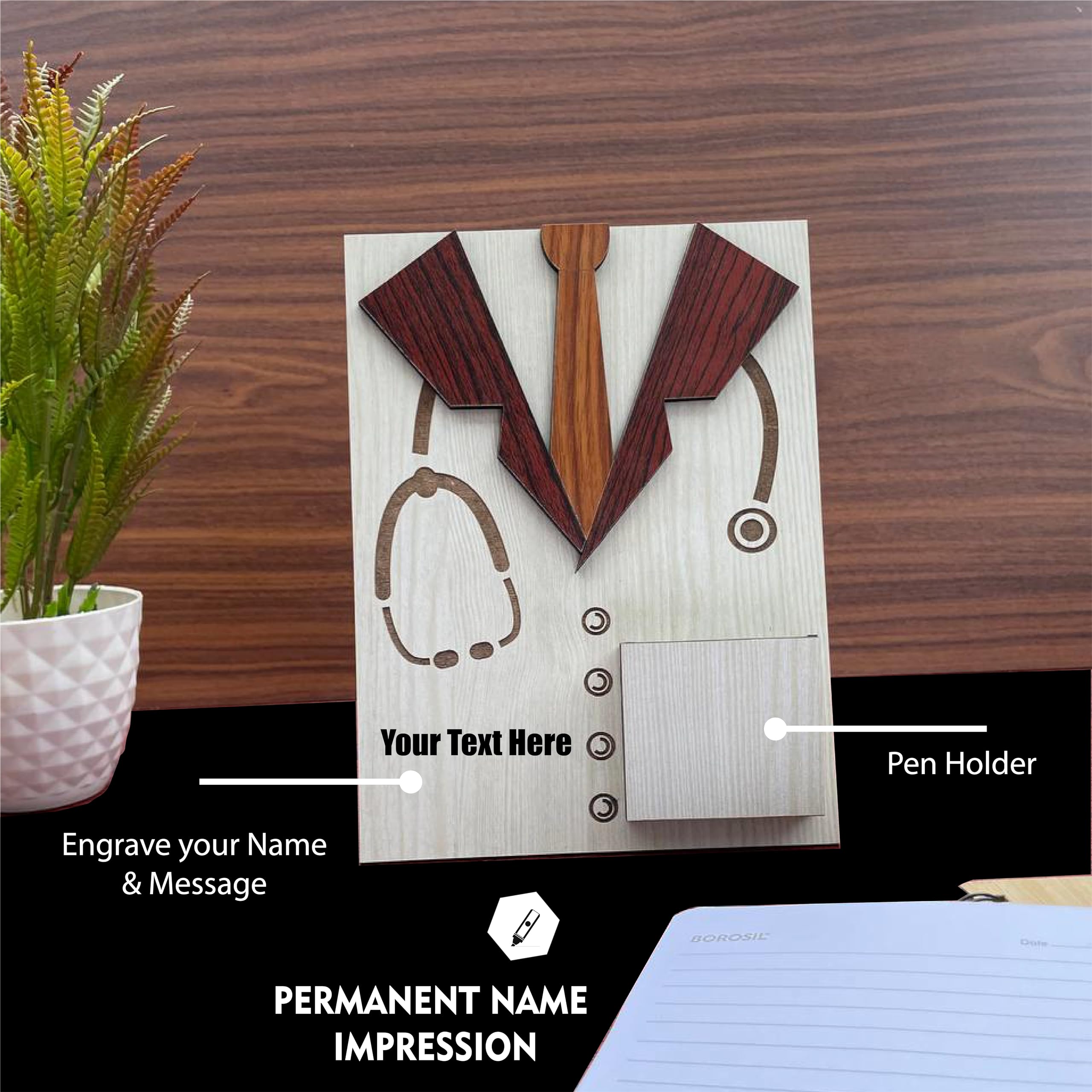 MustHome | Personalized Name Doctor Pen stand | Doctor Stethoscope theme Pen Pencil Stand | Multipurpose Wooden Desk Organizer Pen And Pencil Holder Stand For Office Desk And Study Table 2