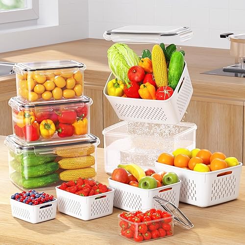 Miniatura 7 de Paquete de 8 recipientes de almacenamiento de frutas para refrigerador, recipientes de frutas a prueba de fugas para refrigerador con coladores,
