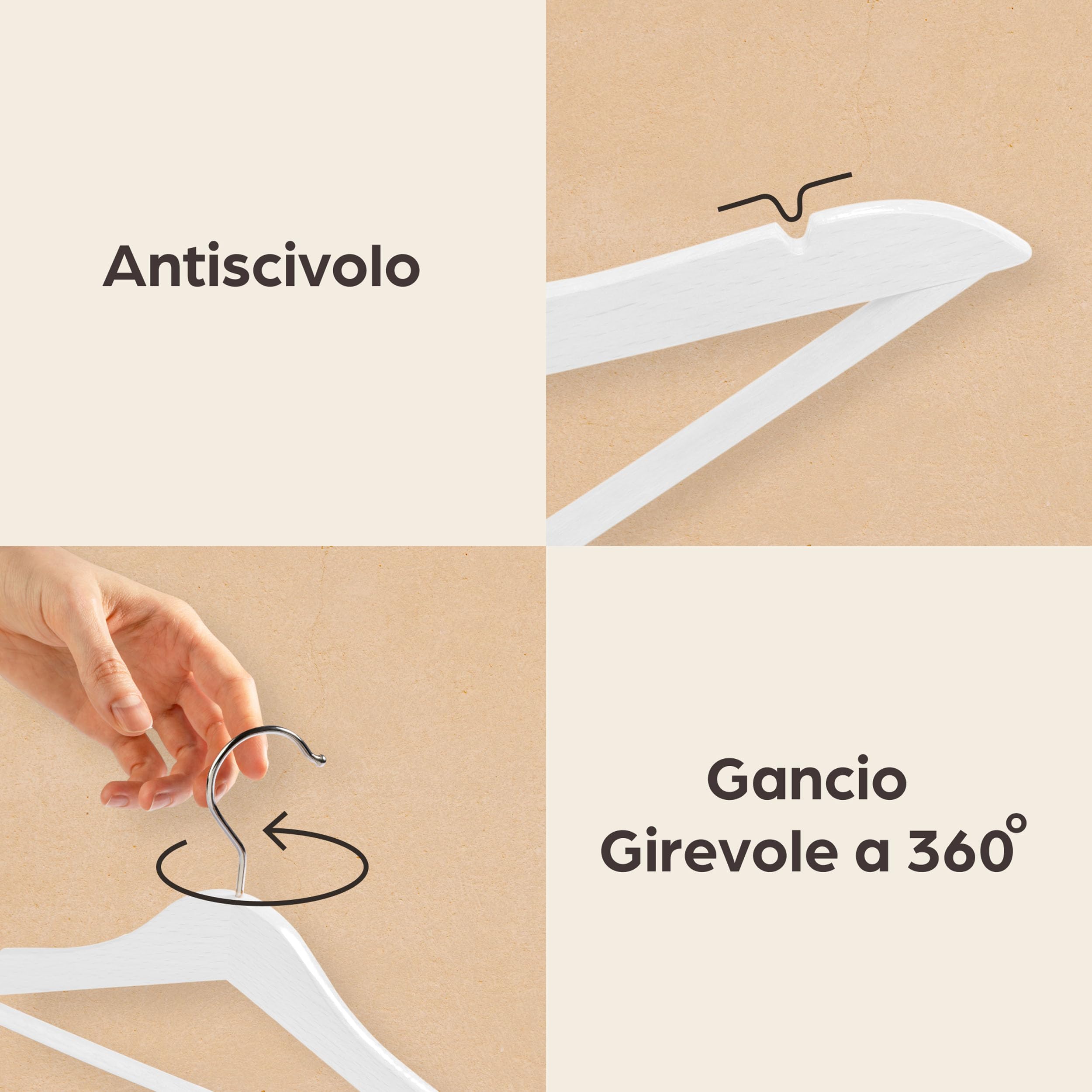 Praknu Grucce in Legno Bianco 20 Pezzi - Gancio Girevole a 360° - Incavi sulle Spalle - Con Barra per Pantaloni - Legno Massiccio Certificato FSC - Salvaspazio