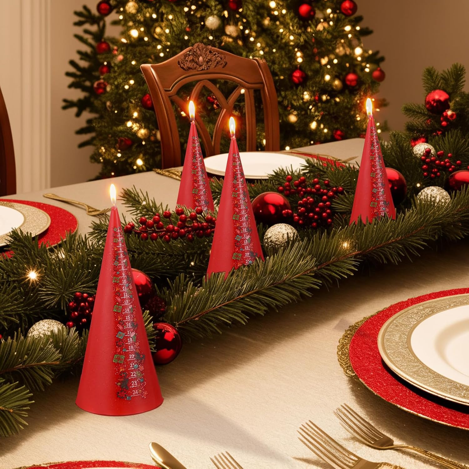 Nuanchu 4 Pcs Advent Festive Christmas Calendar Candle 24 Numbers Countdown to Christmas Red Advent Candle for Xmas Gifts (Lovely)