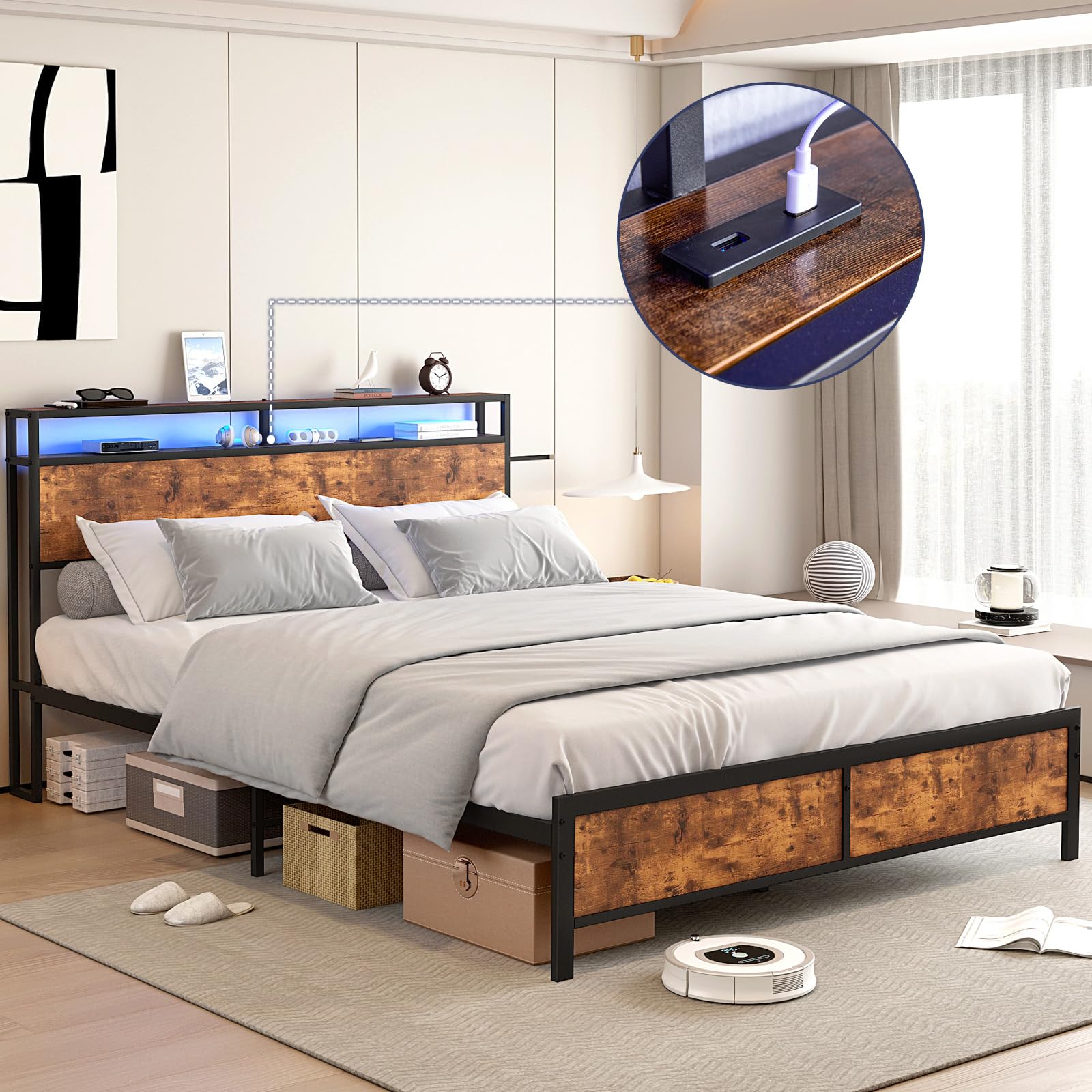 Queen Metal Bed Frame - RGB Headboard, Charger, Storage, Rustic Brown