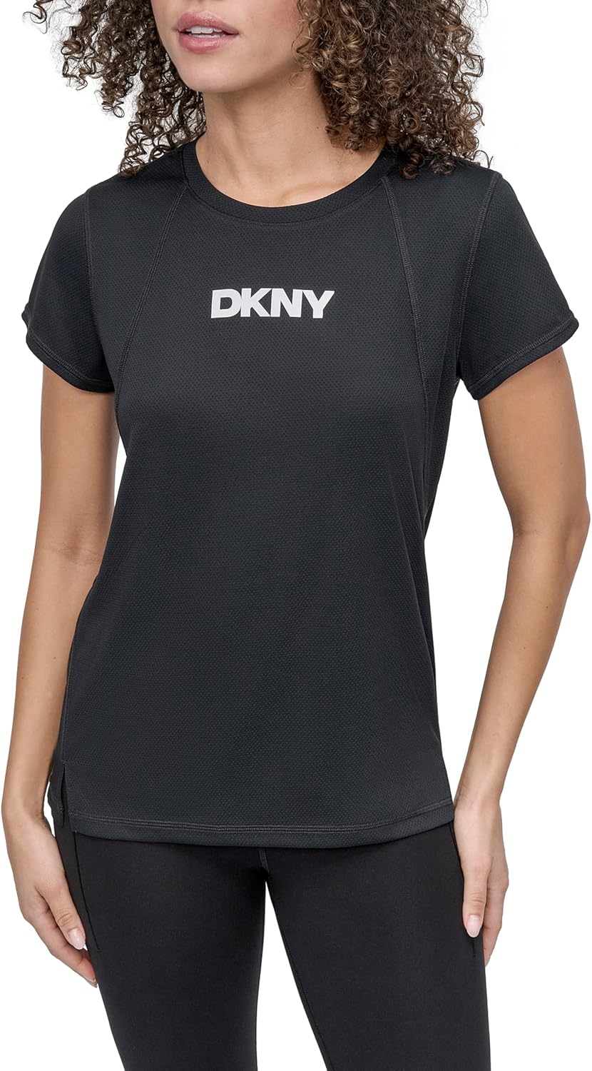 DKNY Women's Short Sleeve Logo Mesh Tech Tee