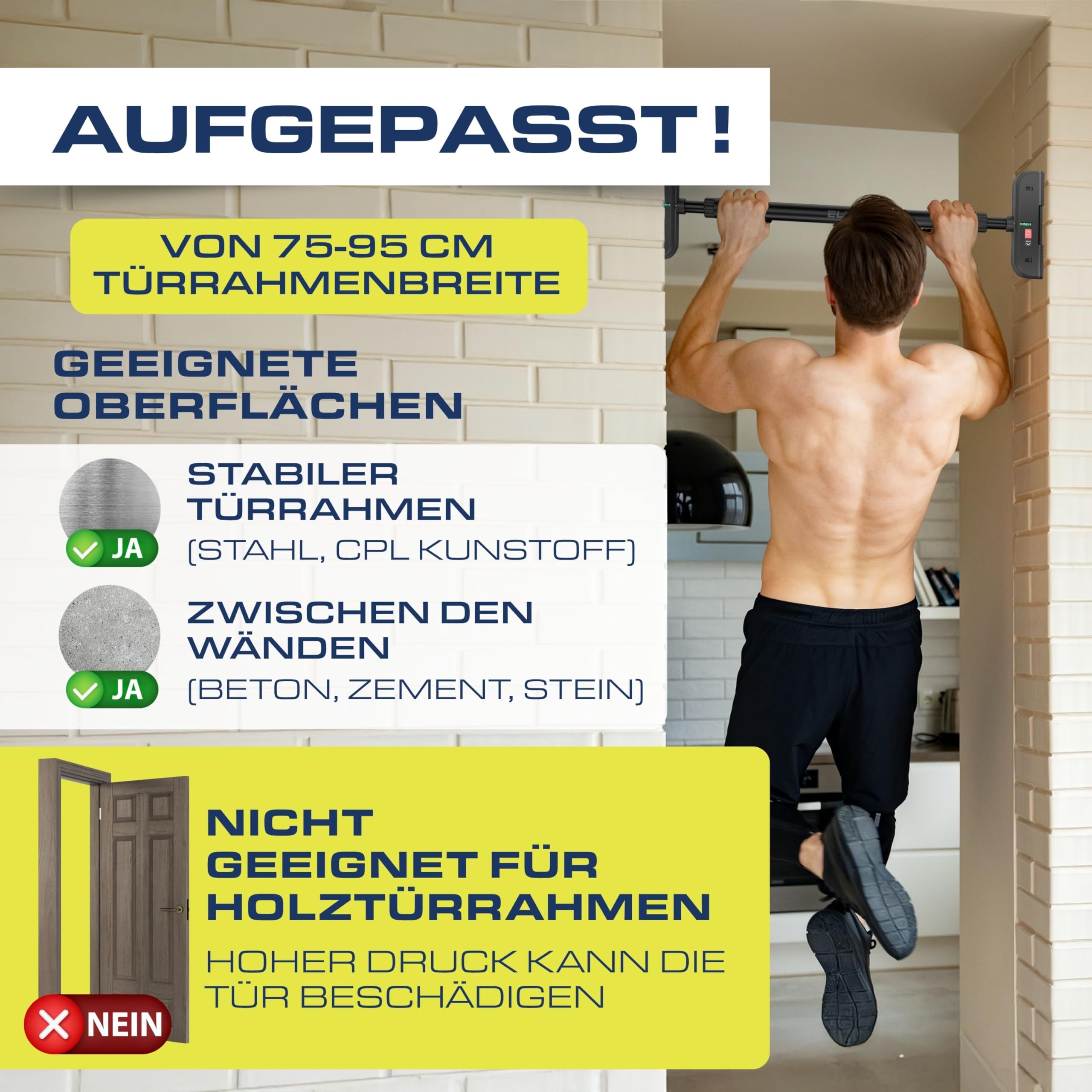 ELANI – sichere Klimmzugstange 75-95 cm bis 200 kg für Türrahmen ohne Bohren mit innovativer Gewindesperre – Pull Up Bar, Türreck Klimmzugstange Türrahmen, Klimmzug, Klimzugststange