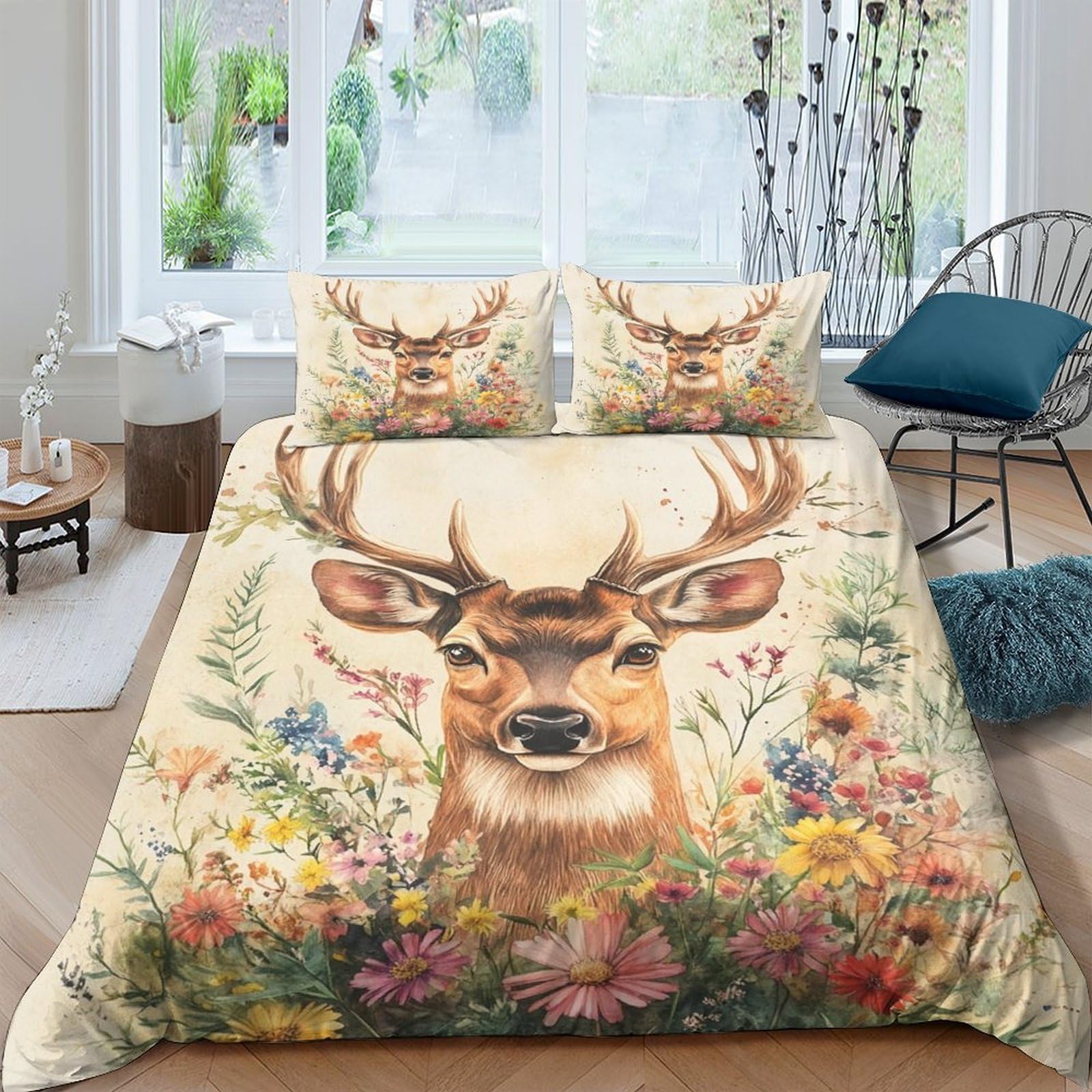 GPLZQXKJNH 3D Printed Deer Floral Duvet Cover Set Microfiber Soft Breathable Nature Meadow Quilt Cover with 2 Pillowcases for Bedroom Decor Single（135x200cm）