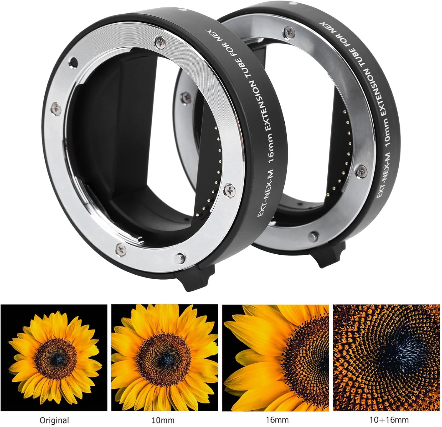 10mm 16mm Macro Closeup Adapter Ring for FE E Mount Camera Black - Durable Aluminum Alloy, Precise CNC Processing, Enhanced Autofocus Function