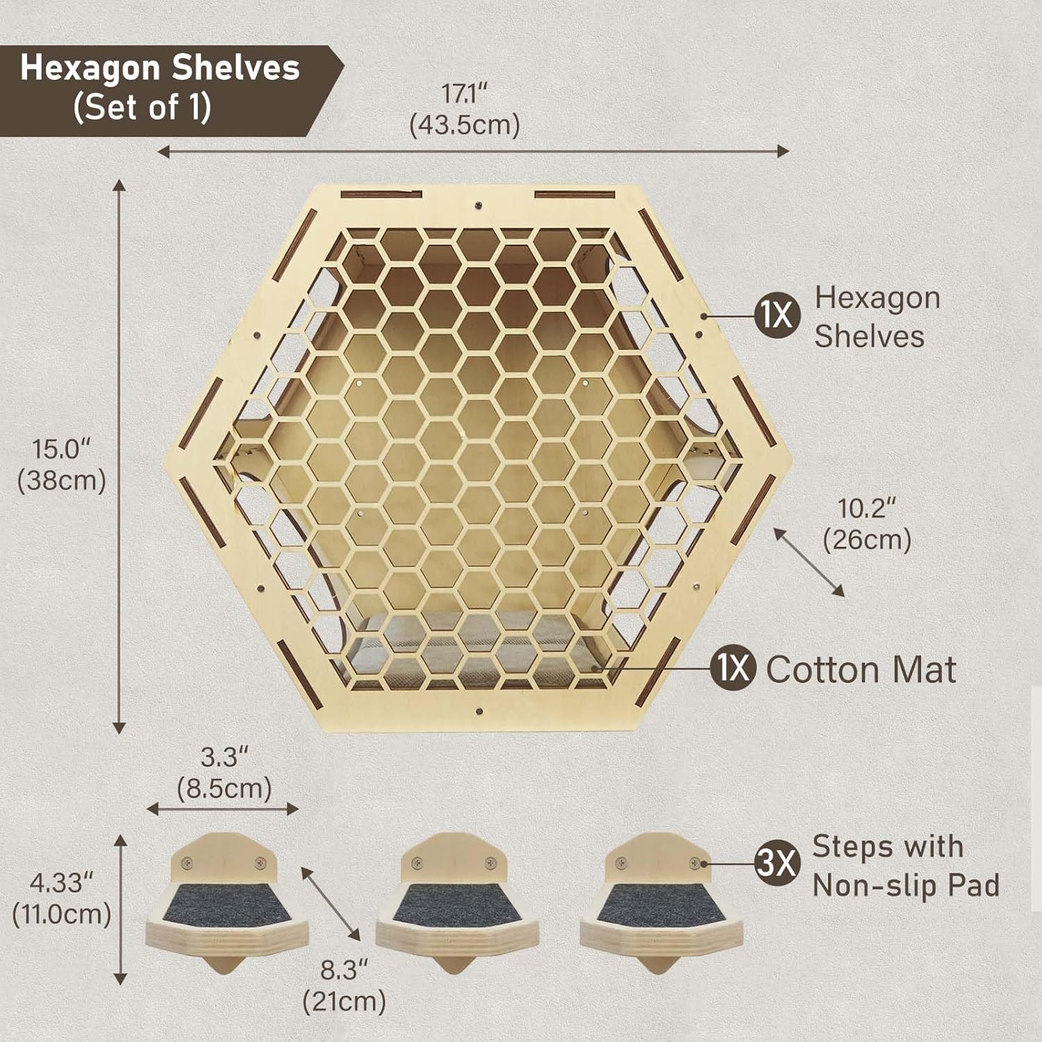 review Wall Mounted Cat Shelves-Hexagon Cat Shelves and Perches for Wall Climbing- Cat Wall Furniture Set with 3 Scratching Steps and Washable Bed Mat-(Set of 3)