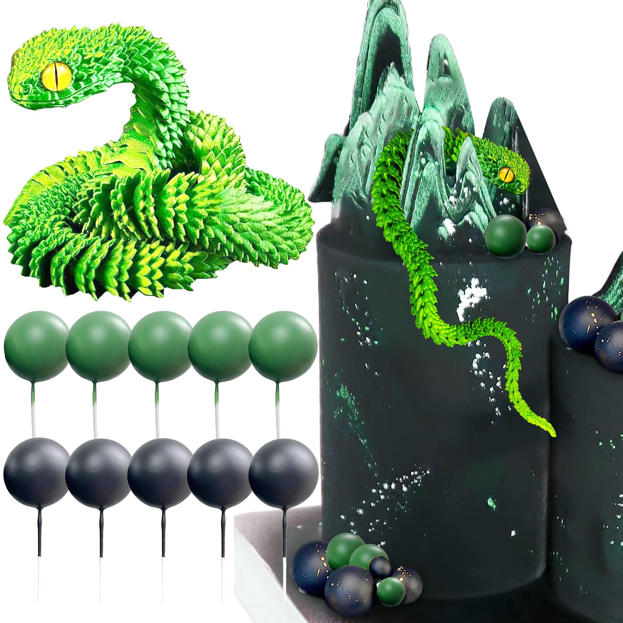 3D Printed Snake Fantasy Snake Cake Decoration Wizard Cake Topper Green Black Balls Cake for Birthday Fantasy Fan Party Supplies