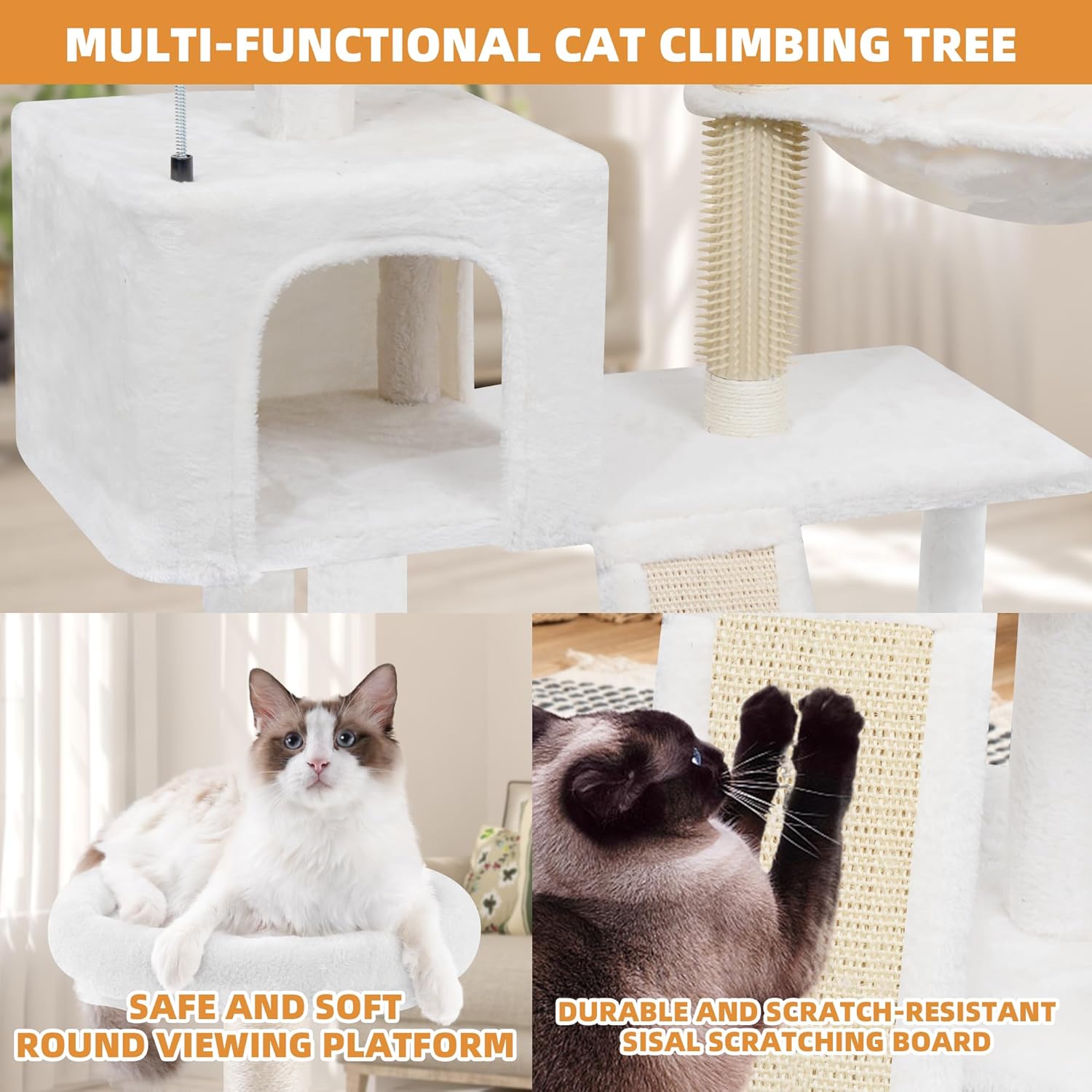 ROYPET Cat Tree with Cat Condo and Two Hammocks, Cat Tower with Scratching Posts and Scratching Pads, Beige