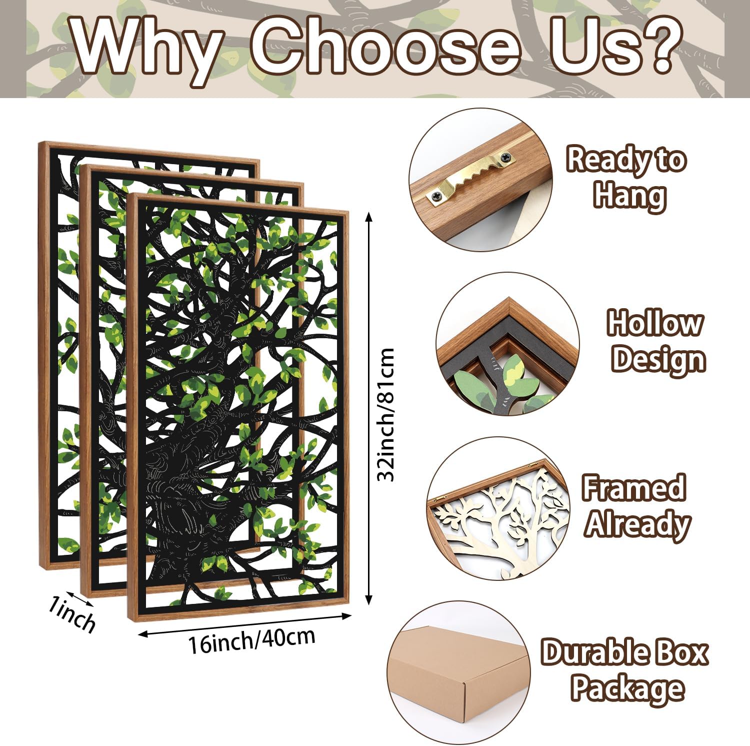 CHDITB Wooden Tree of Life Framed Wall Art(Set of 3, 16"x32"), 3 Panel Rustic Birch Green Leaves Hollow Laser Cut Artwork Decor, Modern Family Tree Wall Sculpture for Living Room Bedroom