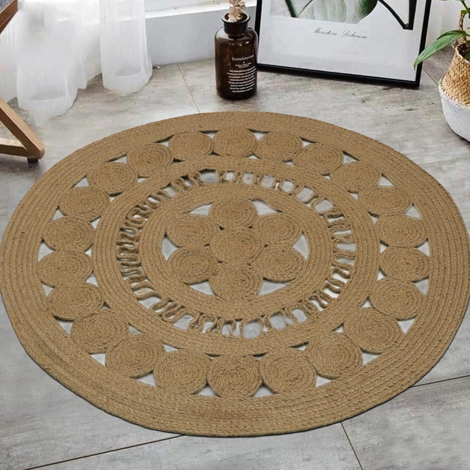 The Home Talk Tapis rond en jute tissé à la main de style rustique ou bohème – Tapis doux et durable – Ajoute de la texture et de la chaleur au salon, à la chambre à coucher, à la salle à manger, à la
