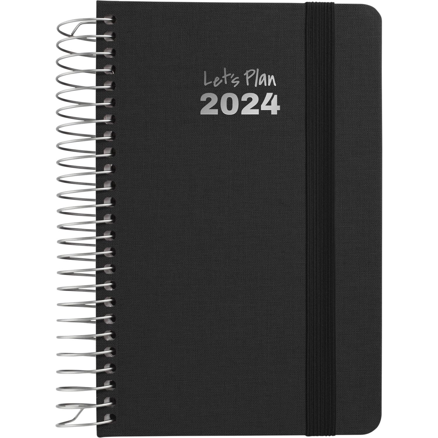 Grafoplás | Week to View 2024 Diary | Black | A6 | Spanish | Spiral | Hard Cover Lined Fabric | Elastic Closure | January to December Year 24 | Fancy Series | Perfect for Managing Your Time