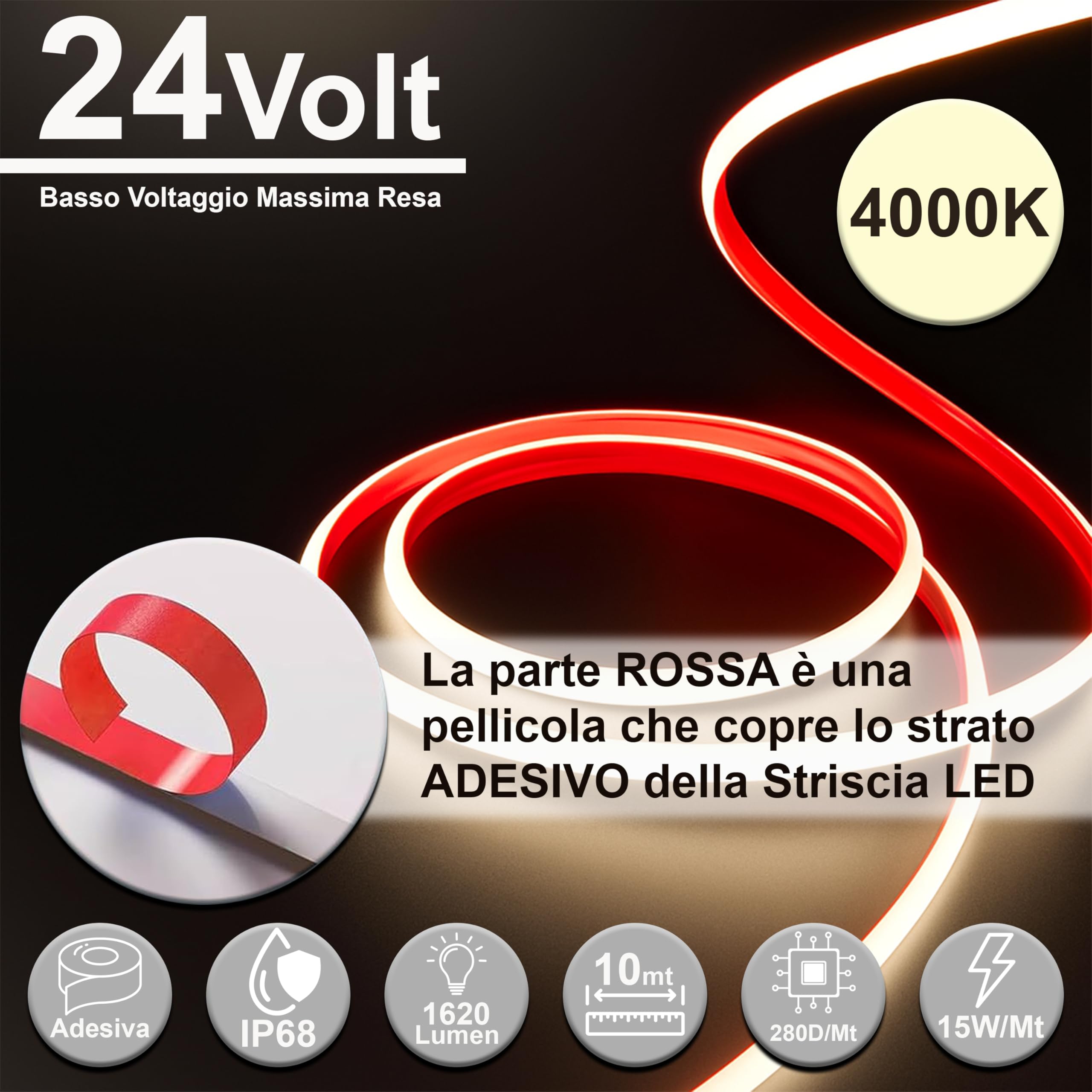 MAKA Striscia Led Cob Adesiva 10 metri, Striscia LED Esterno 24V Alta Luminosità, 280 Luci al Metro - Ip68 Impermeabile - 15W/m, Luci Led Camera da Letto (Con trasformatore, Luce naturale (4000K))