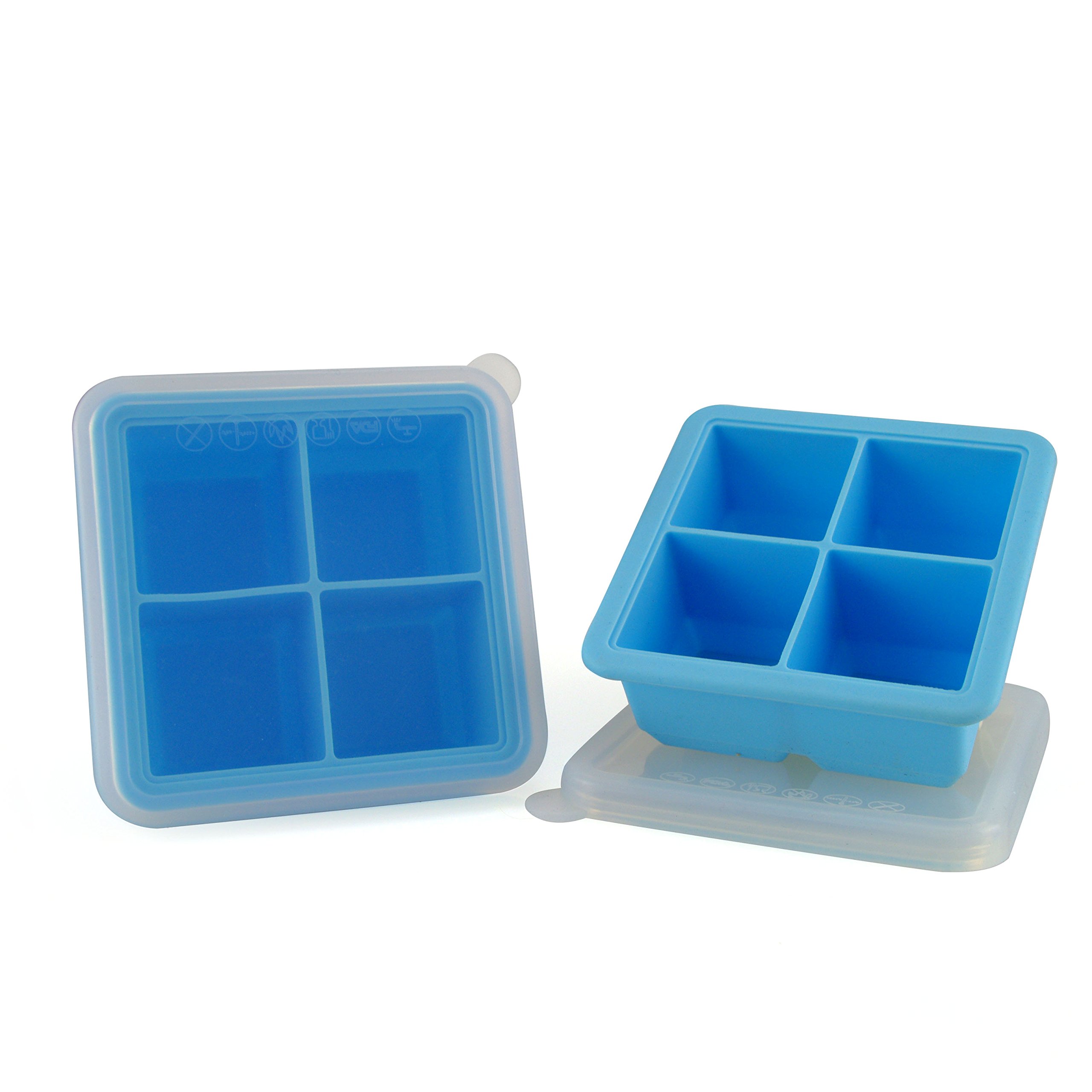 Mirenlife 2 Inch Large Food Grade Silicone Ice Cube Tray with Lid, BPA Free silicone Ice Cube Tray, Baby Food Storage, Pinch Test Passed, 4 Cube, Set of 2, Blue