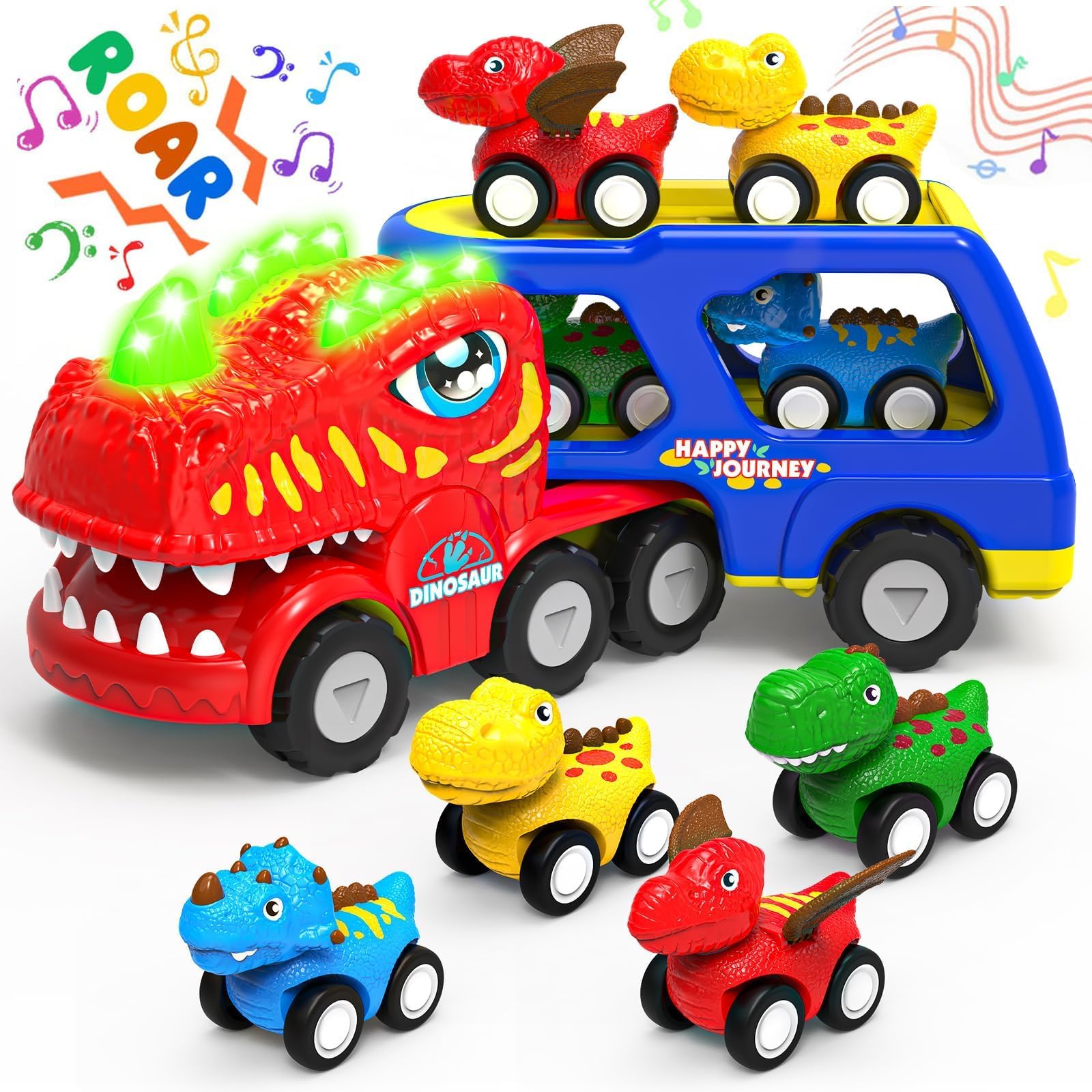 Toddler Car Toys for 1 2 3 4 5 Year Old Boy, 5-in-1 Dinosaur Vehicle Trucks Toys for Toddlers 1-3 with Sounds & Lights & 4 Small Car, Dinosaur Toys for Kids 4-6, Gift for Christmas Birthday, Red