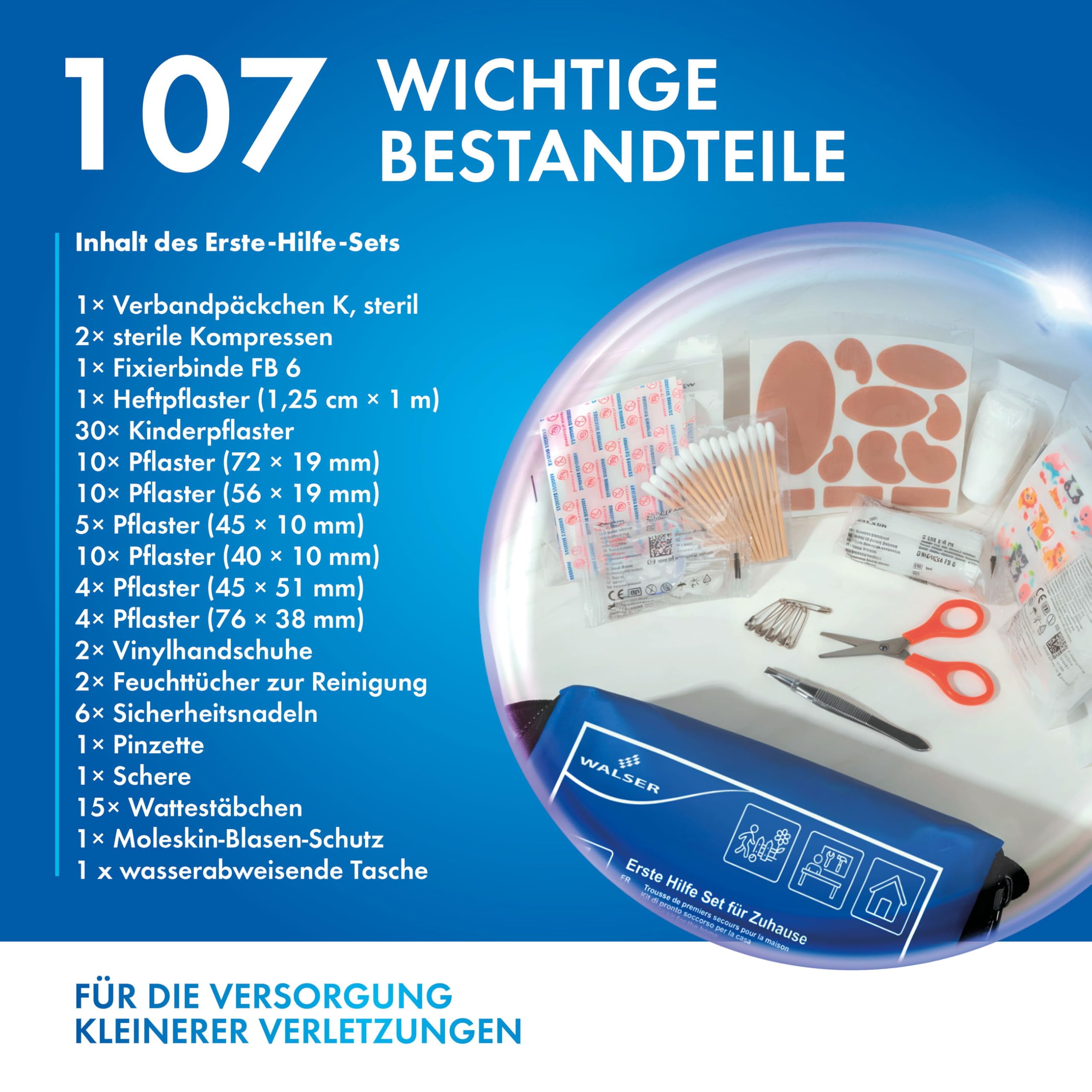 WALSER Premium mini apteczka pierwszej pomocy do domu, wodoodporna torba pierwszej pomocy 2026, poręczny zestaw awaryjny z 107 częściami, kompaktowy zestaw pierwszej pomocy, zestaw apteczki podróżnej