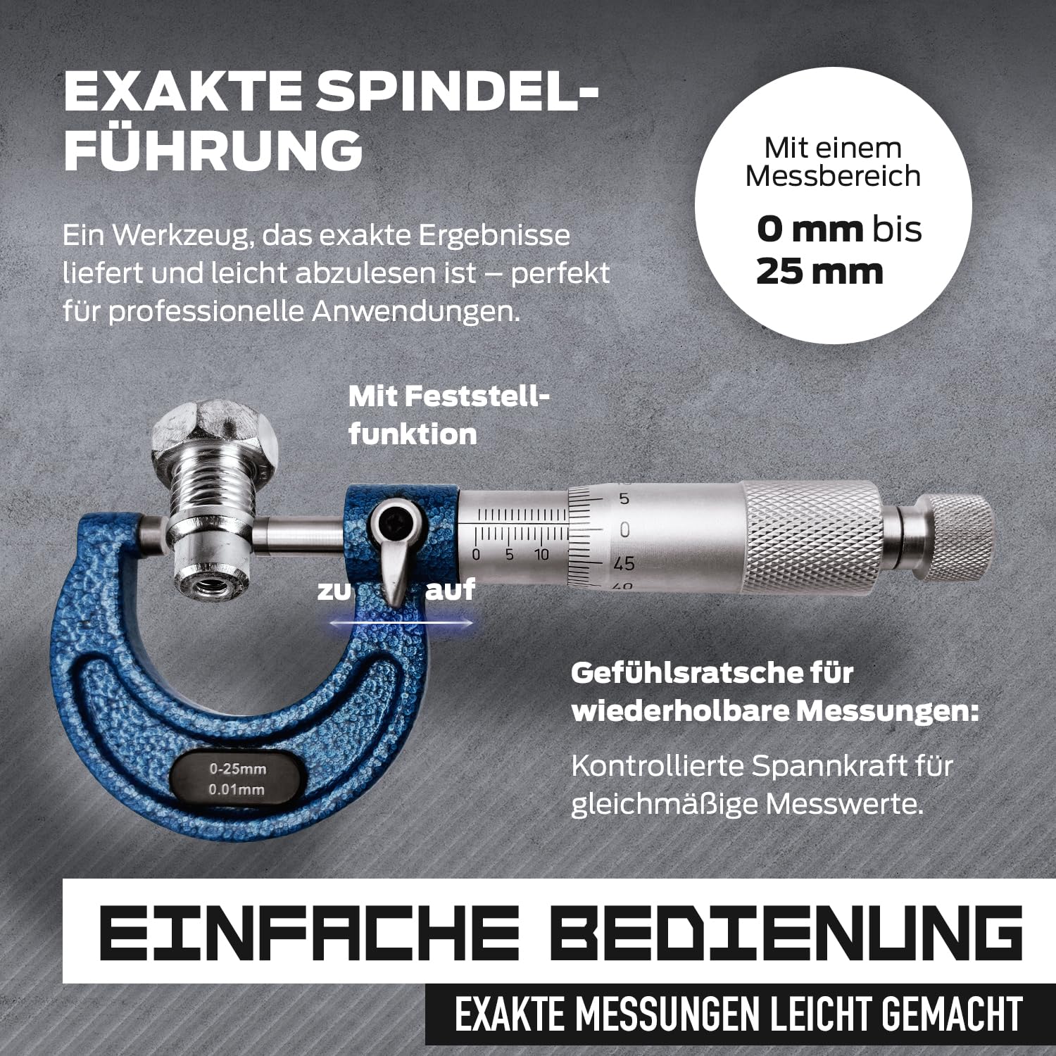 MIB Bügelmessschraube DIN 863, lackierter Bügel | Präzisionswerkzeug | Mikrometer mit HM-Messflächen | Mess- & Planwerkzeuge | Durchmesser Messgerät | Messbereich 0-25 mm | inkl. Einstellmaß