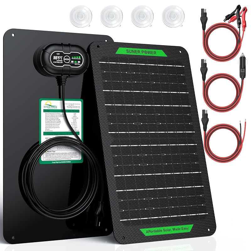 Carregador e mantenedor solar de bateria SUNER POWER 12 W 12 V com controlador MPPT e cabos SAE – BC-12W-PB Ultra