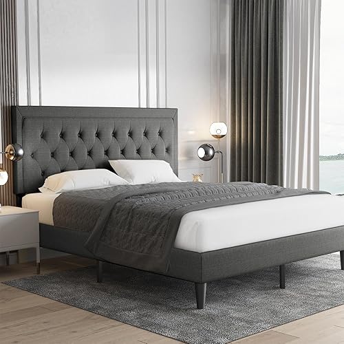Miniatura 48 de Allewie - Base de cama copetuda, tamaño Matrimonial, con plataforma, tapizado de tela, con botones y cabecera ajustable, soporte con rejilla de Gris