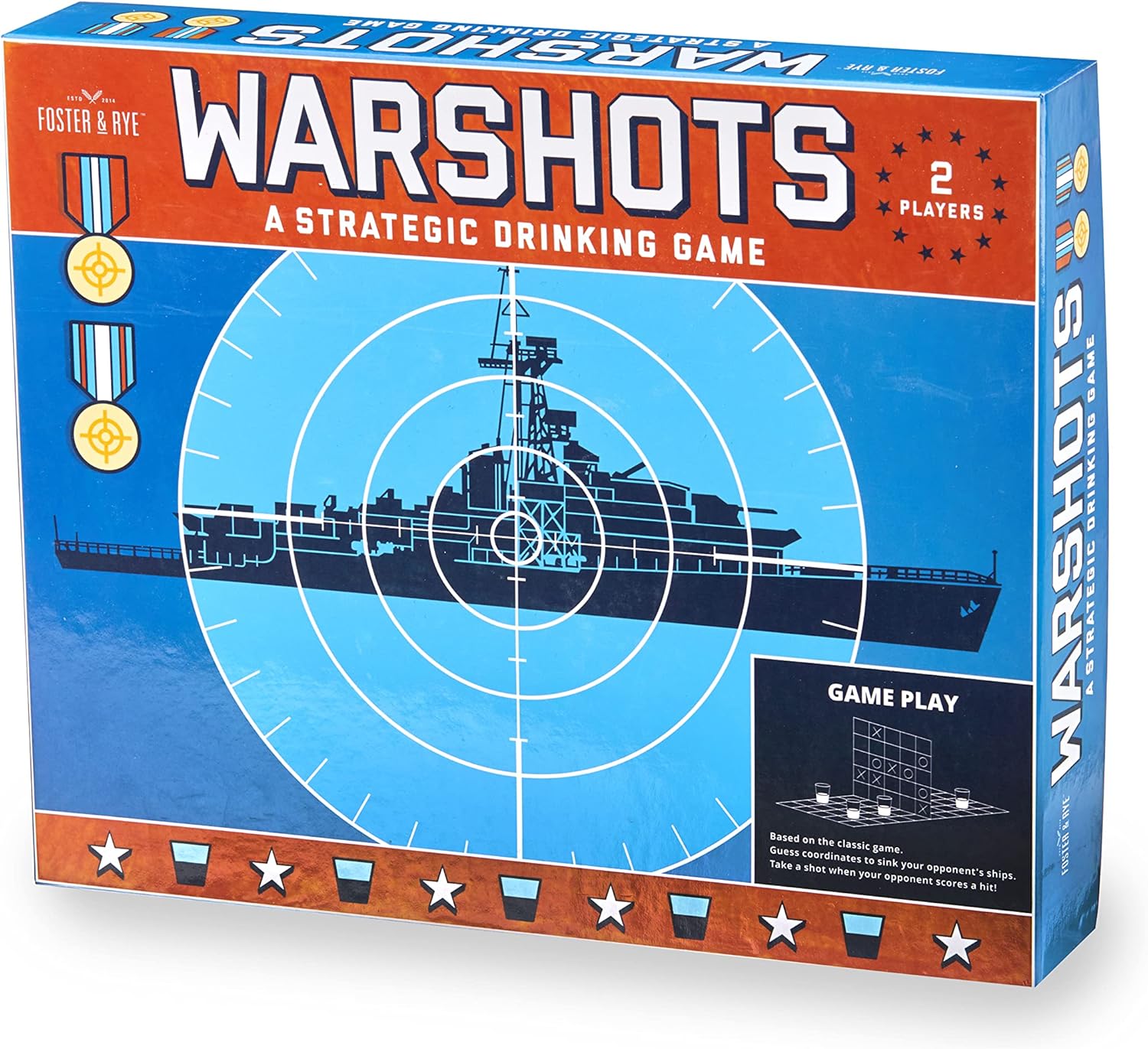 True War Shots Battle Shipwreck Drinking Board Game for Adults, Shot Glasses for Any Liquor or Beer, 2 Player Red and Blue, Paper, Plastic, Set of 1