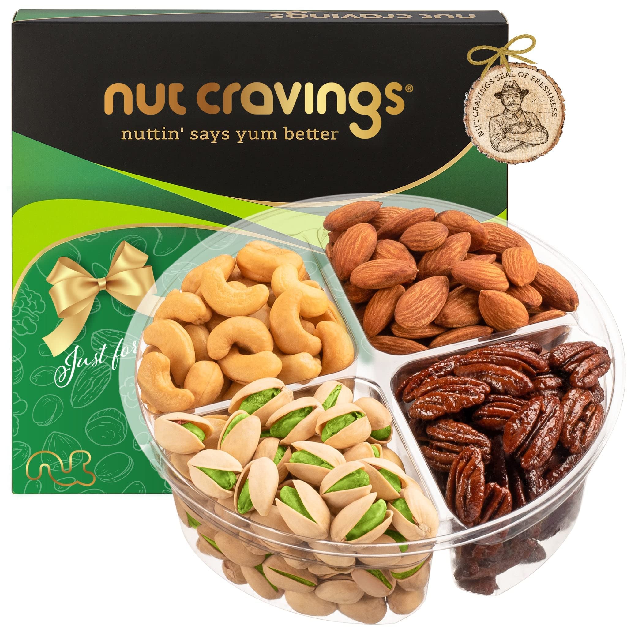 NUT CRAVINGS - Diwali Sweets Hamper Mid-Autumn Festival Mixed Nuts Gift Basket in Green Gold Box (4 Assortments) Food Arrangement, Healthy Snack Care Package, Food Assortments