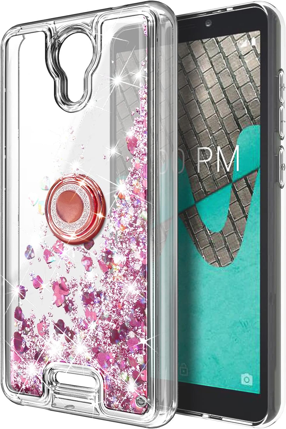 NZND Case for AT&T Calypso (U318AA) /Cricket Vision 3 with Tempered Glass Screen Protector, Ring Holder/Wrist Strap, Sparkle Glitter Flowing Liquid Women Girls Kids Cute Case (Rose Gold)