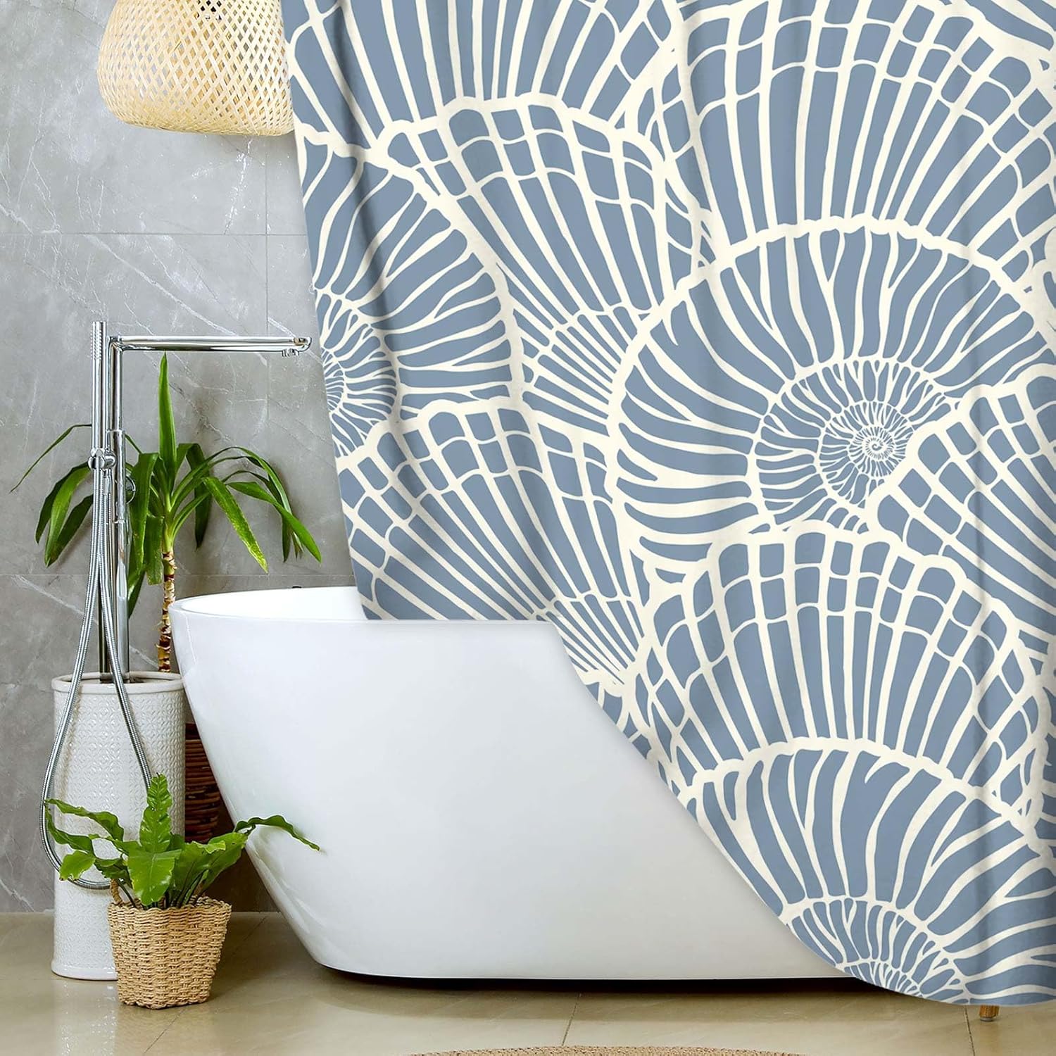 JAWO Navy Blue Abstract Shower Curtain for Bathroom, 72Wx75H Modern Blue White Striped Seashell Conch Print Aesthetic Minimalist Simple Waterproof Fabric Polyester Bath Shower Curtain with Hooks