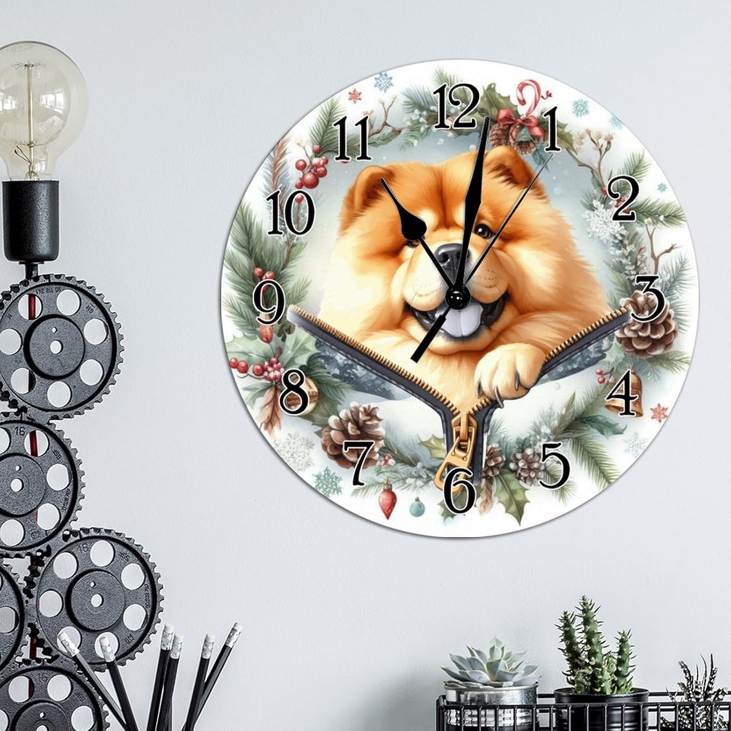 Clock Chow Chow Clock for Wall Chow Chow Funny Zipper Peeking Dog Wooden Decorative Clocks Non-Ticking Battery Operated Round Clock Dog Owner Gift Clocks for Living Room 15x15in