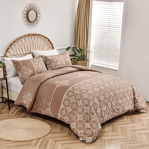Miniatura 2 de Luxudecor Juego de edredón bohemio tamaño King, edredón caqui de 3 piezas con diseño floral bohemio, juego de ropa de cama de microfibra ultra