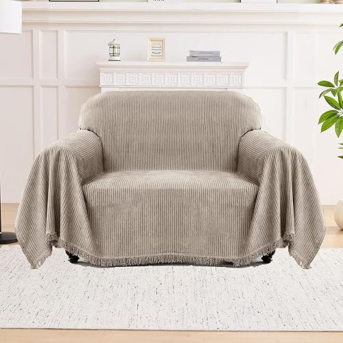 Miniatura 24 de LOMAO Funda de Sofá Fundas de Sofá para Sofá Seccional de 3 Cojines Fundas de Sofá en Forma de L con Borlas Protector de Sofá Lavable Reversible de