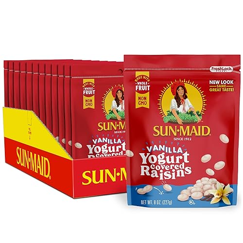 Sun-Maid Pasas recubiertas de yogur de vainilla, paquete de 12, bolsa resellable de 8 onzas, aperitivo de frutas secas cubiertas de yogur para