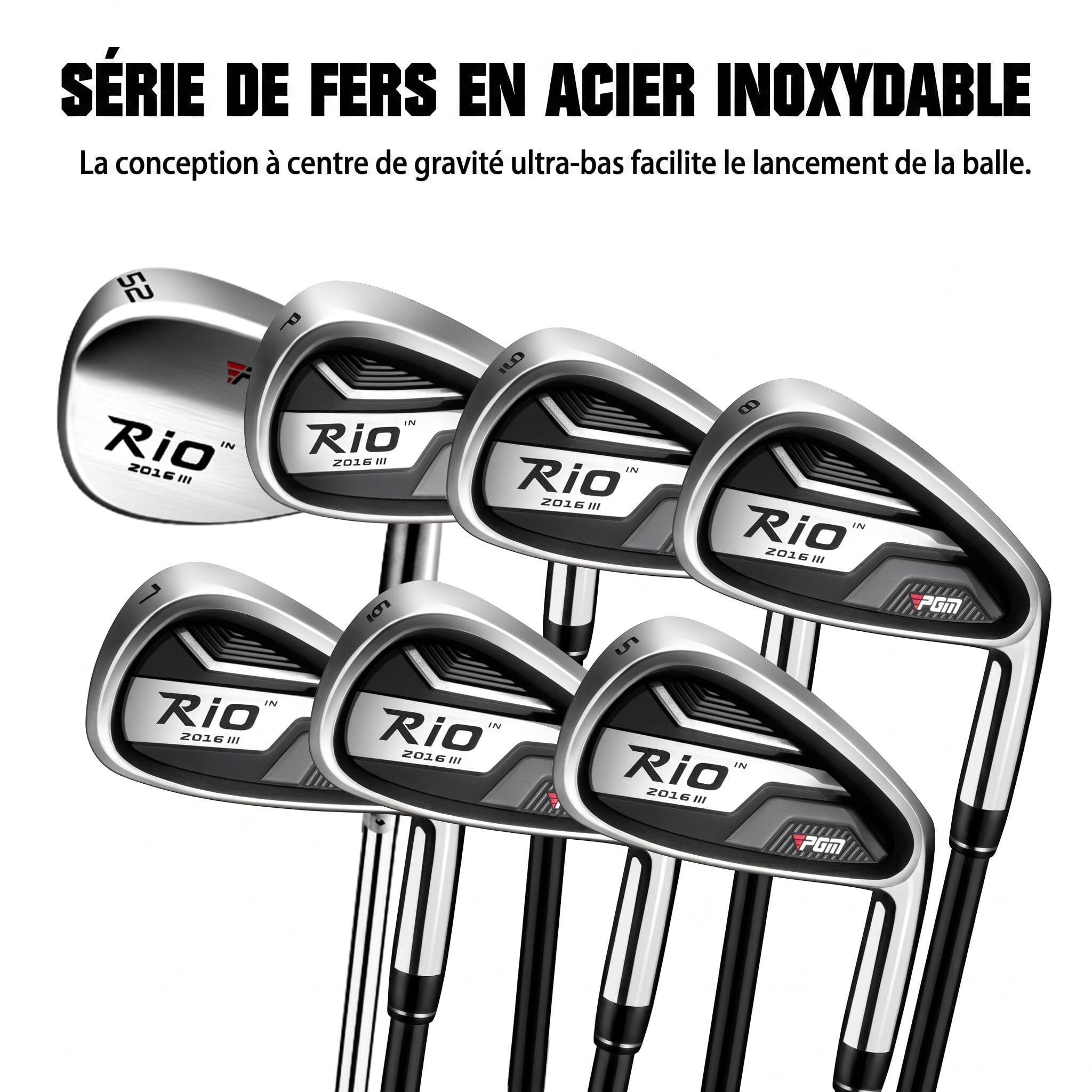 PGM Ensemble complet de clubs de golf pour homme - 12 pièces - 3 bois (n°1, 3, 5), 1 hybride (n°4H), 6 fers (n°5, 6, 7, 8, 9, PW), 1 sand wedge (52°), 1 putter - Sac de golf avec support - Tête de