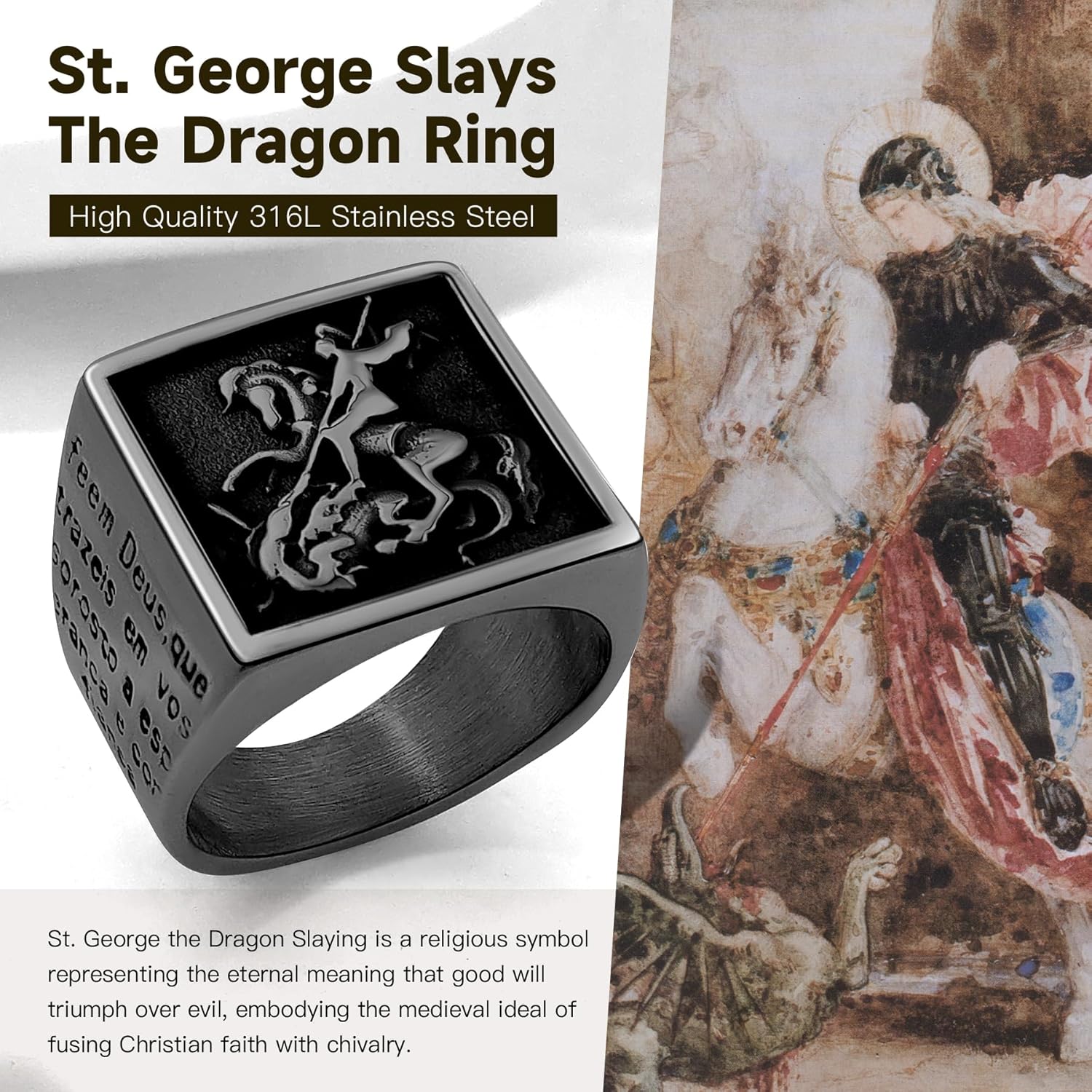 Sanit George Ring for Men 316L Stainless Steel / 18K Gold/Black Sanit George on Horse Slaying Dragon Ring Christianity Religious Amulet Rings Grant you strength and courage Send Gift Box