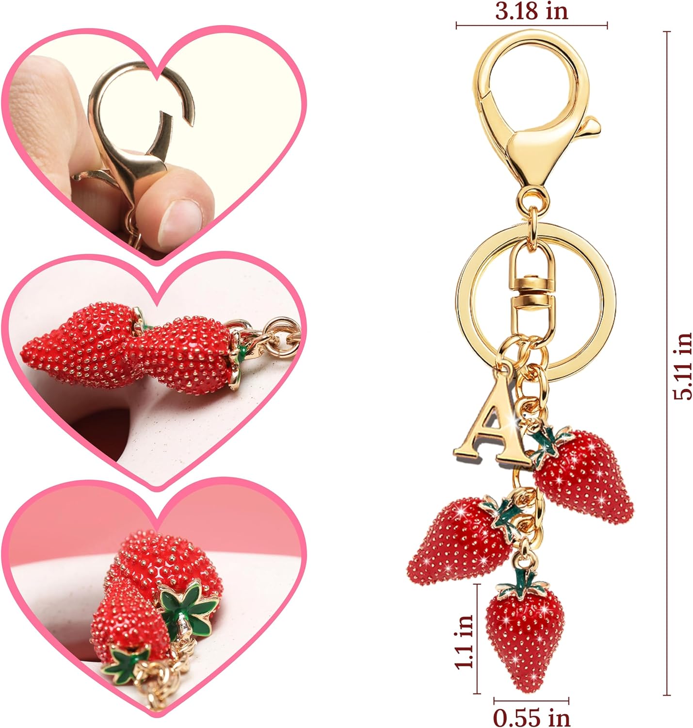 Initial Letter Strawberry Keychain, Cute Gold Personalized Charm for Bags Purses Backpacks, Girls and Women Gifts - Image 4