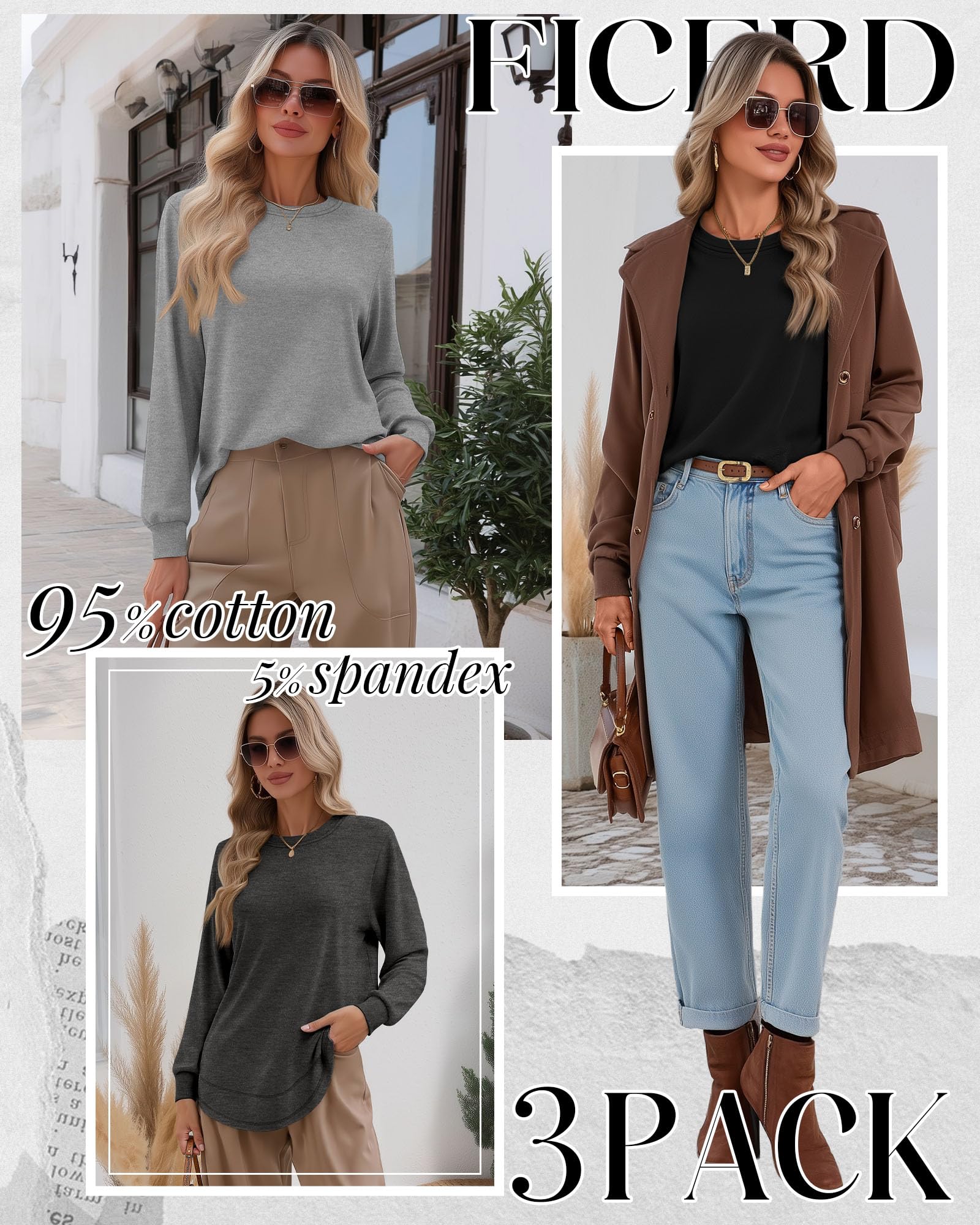 Ficerd 3 Pack Women's Long Sleeve Shirts, Cotton Crew Neck Tunic Tops Casual Loose Fit Pullover Sweatshirts Curved Hem Shirts