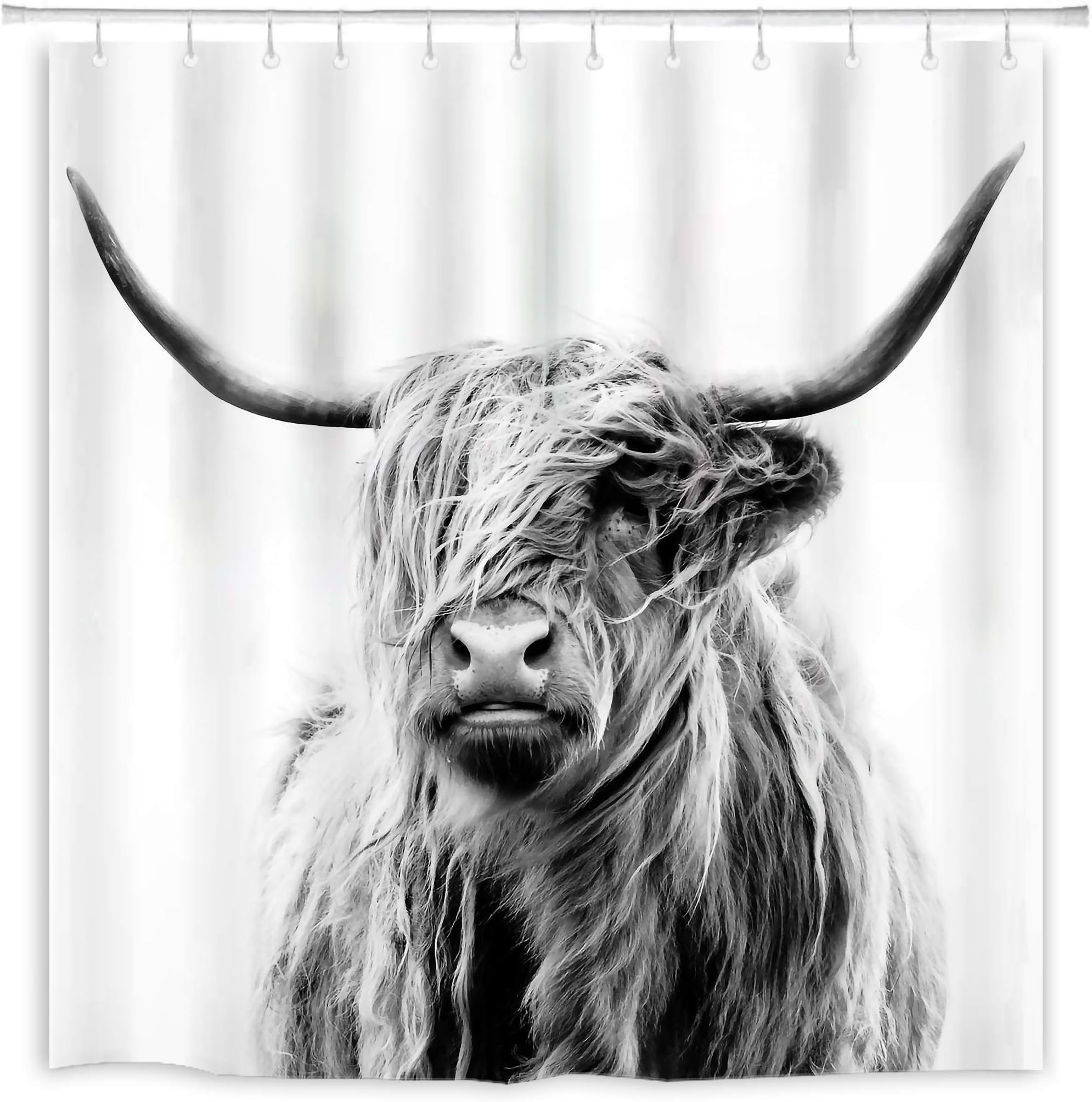 Bull Shower Curtain Portrait of A Highland Cow Shower Curtains Animal Wildlife Funny Cute Sketch Waterproof Fabric Modern Polyester Bathroom Decor Set 72x72 Inch with 12Hooks-Black White Grey