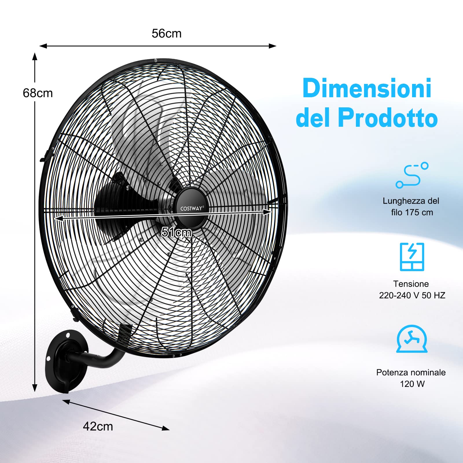 COSTWAY Ventilatore da Parete Girevole a 3 Velocità, Industriale e Silenzioso ad Alta Velocità con Pale in Alluminio, Potenza 120W, Diametro 51 cm (Nero)