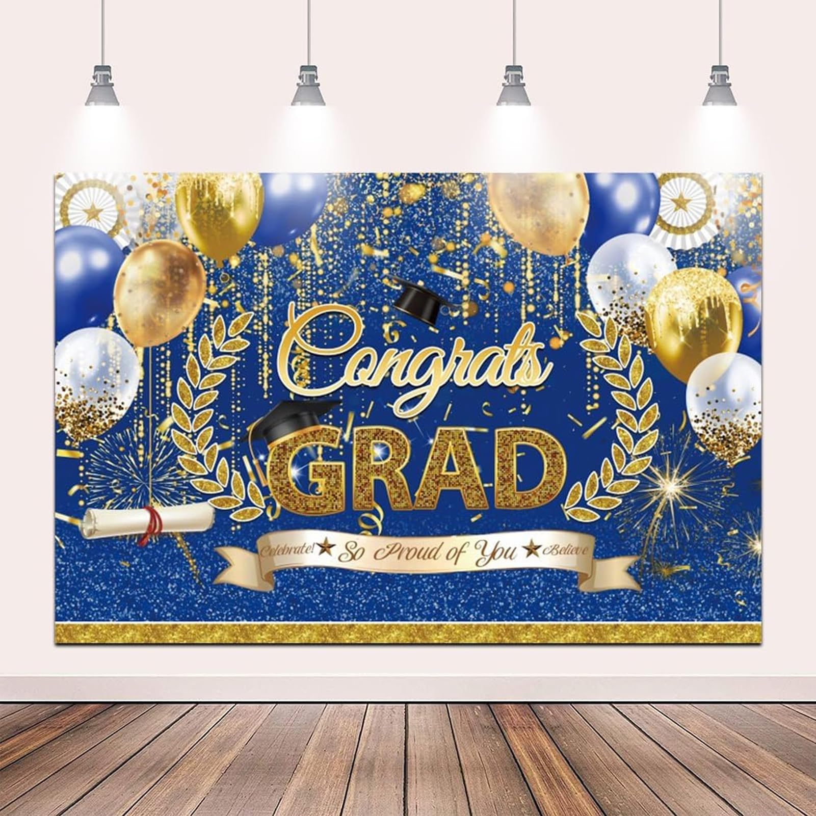 ZJRBJB 7x5ft Congratulation Congrats Grad Backdrop Graduate Backdrop Graduation Celebration Party Decorations Background Navy Blue Gold Grad Decor