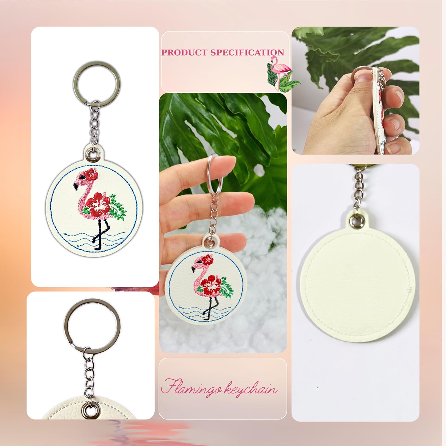 Flamingo Hibiscus Keychain – Handmade Embroidered White PU Leather Bag Charm, Tropical Flower Keychain for Women, Cute Flamingo Purse Charm, Summer Hawaiian Gift Idea - Image 5